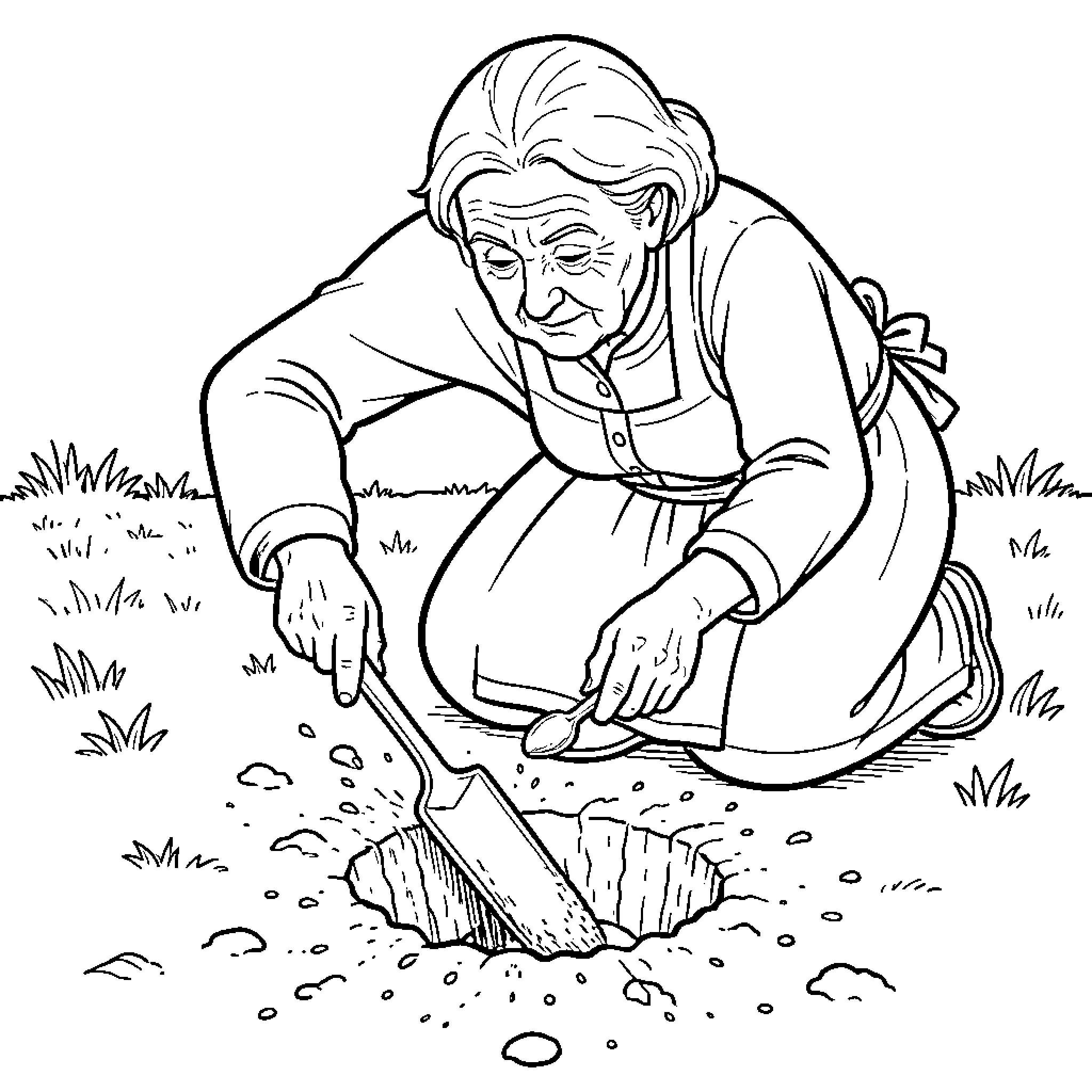 Dame kneeling while gardening in the dirt Coloring Page (free black-and-white line drawing printable PDF for all, from beginners to advanced learners, including children, teens, adults, and seniors)