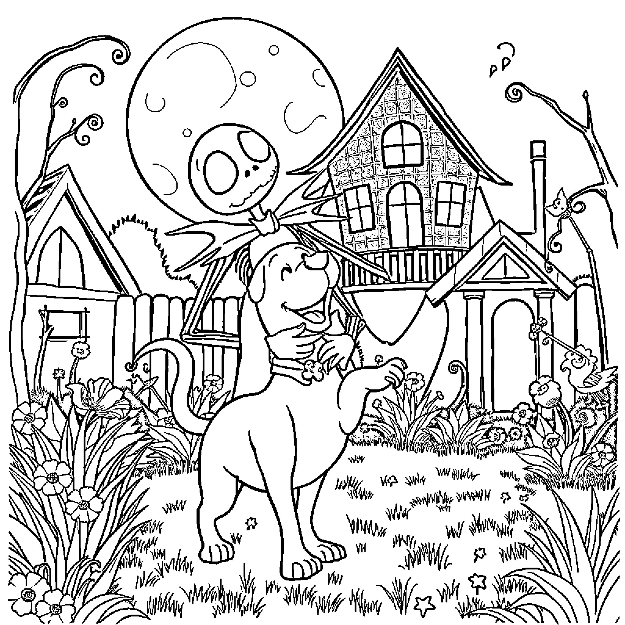 Jack Skellington exploring a haunted neighborhood Coloring Page (free black-and-white line drawing printable PDF for all, from beginners to advanced learners, including children, teens, adults, and seniors)