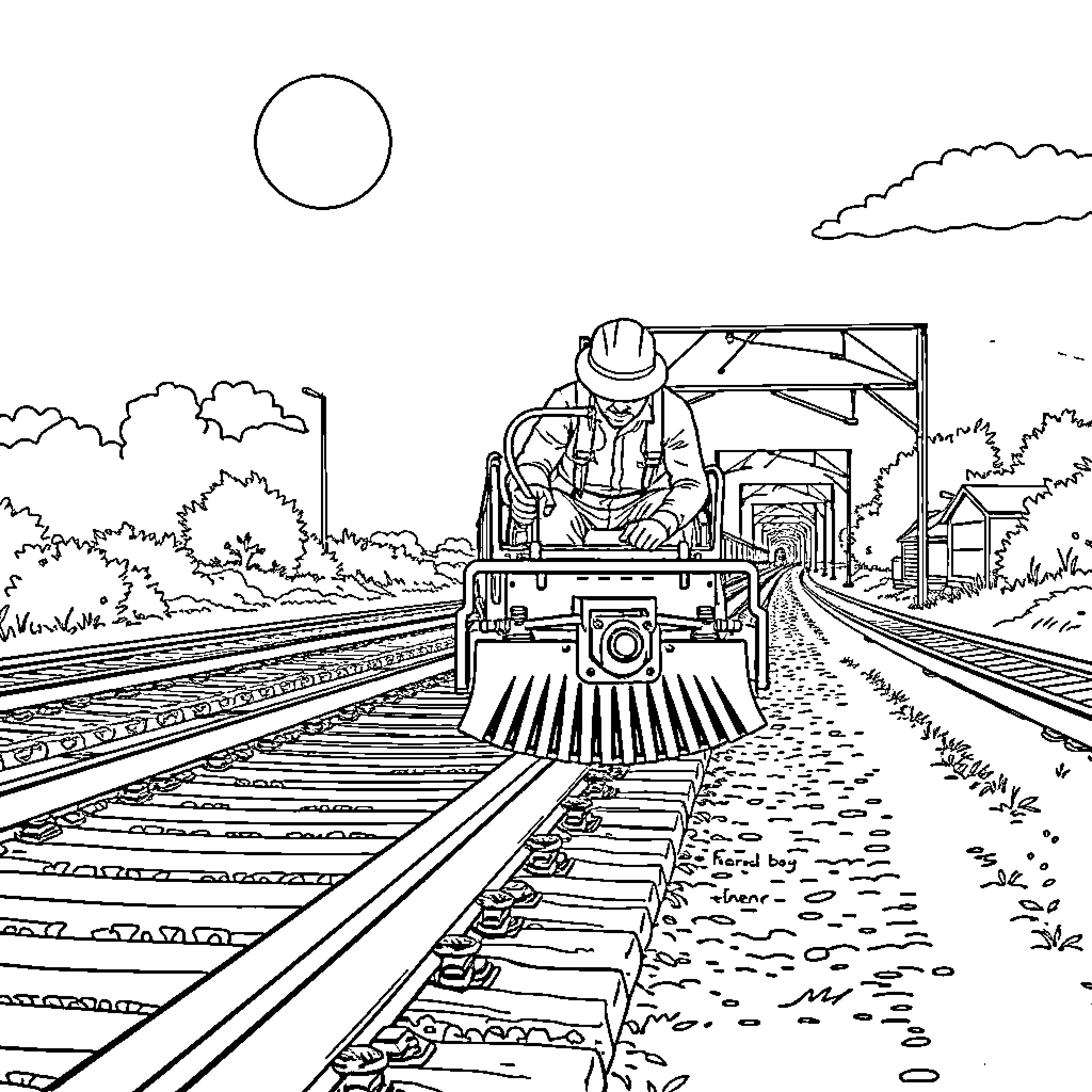 Railroad Tamper working on train tracks in scenic landscape Coloring Page (free black-and-white line drawing printable PDF for all, from beginners to advanced learners, including children, teens, adults, and seniors)