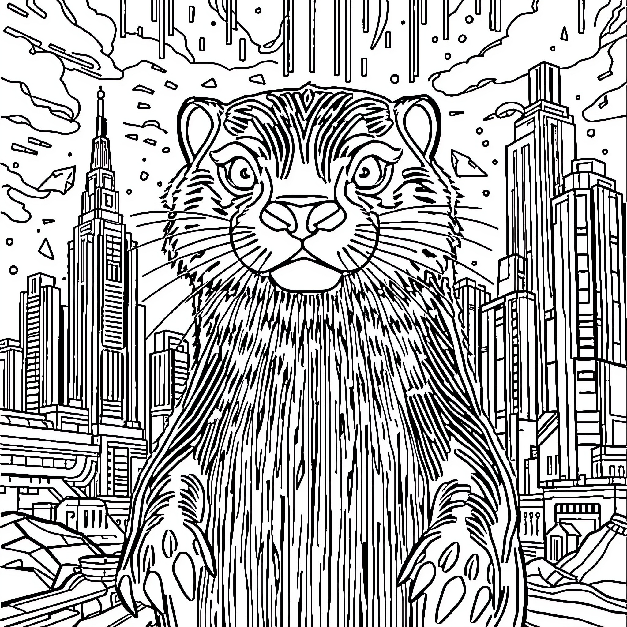 Otter enjoying the city skyline Coloring Page (free black-and-white line drawing printable PDF for all, from beginners to advanced learners, including children, teens, adults, and seniors)