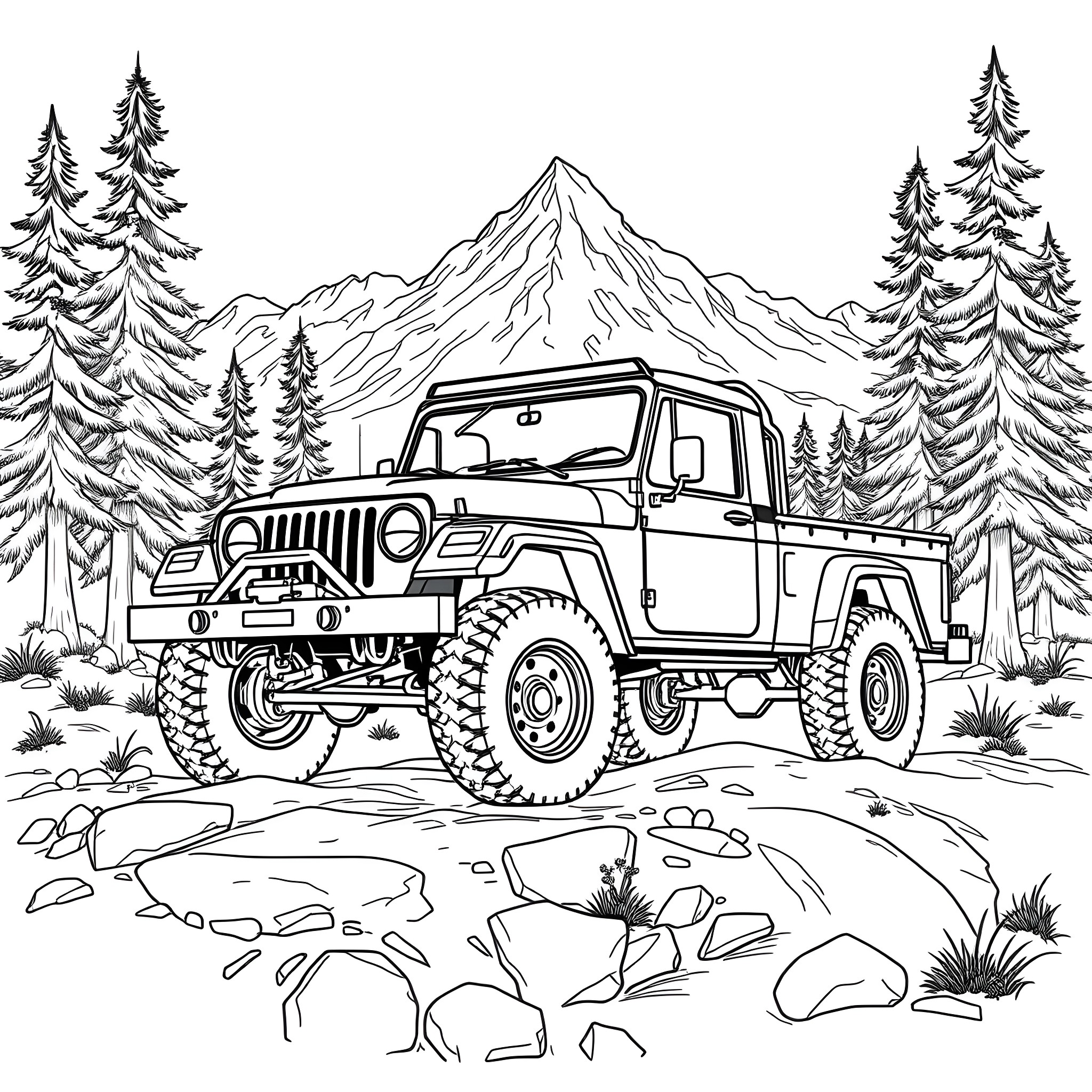 Truck exploring rugged mountain landscape Coloring Page (free black-and-white line drawing printable PDF for all, from beginners to advanced learners, including children, teens, adults, and seniors)