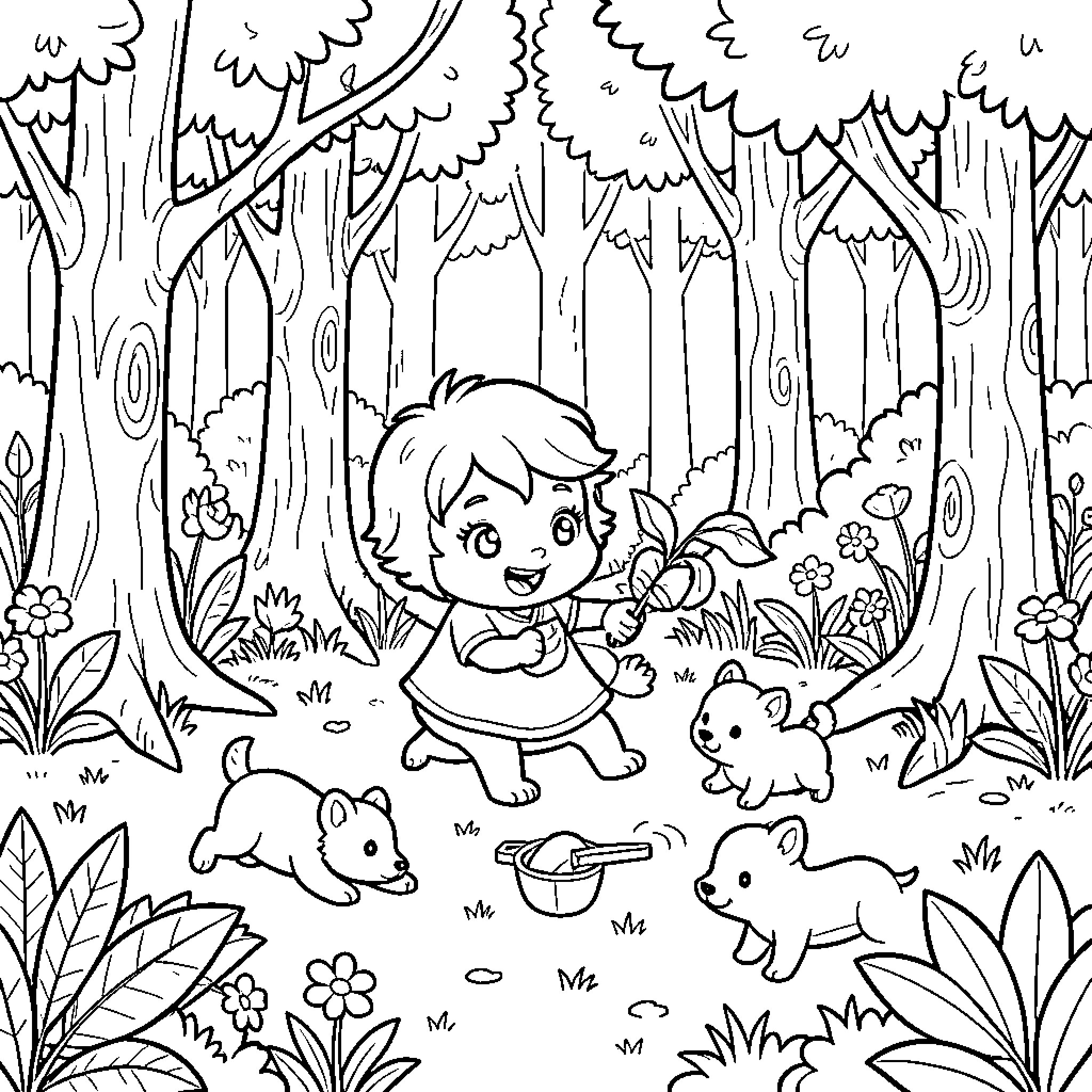 LouLou exploring the forest with cute puppies Coloring Page (free black-and-white line drawing printable PDF for all, from beginners to advanced learners, including children, teens, adults, and seniors)