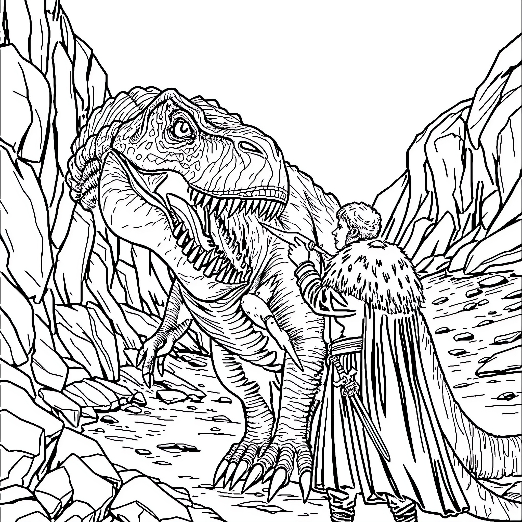Baryonyx confronting a mysterious figure in a rugged landscape Coloring Page (free black-and-white line drawing printable PDF for all, from beginners to advanced learners, including children, teens, adults, and seniors)