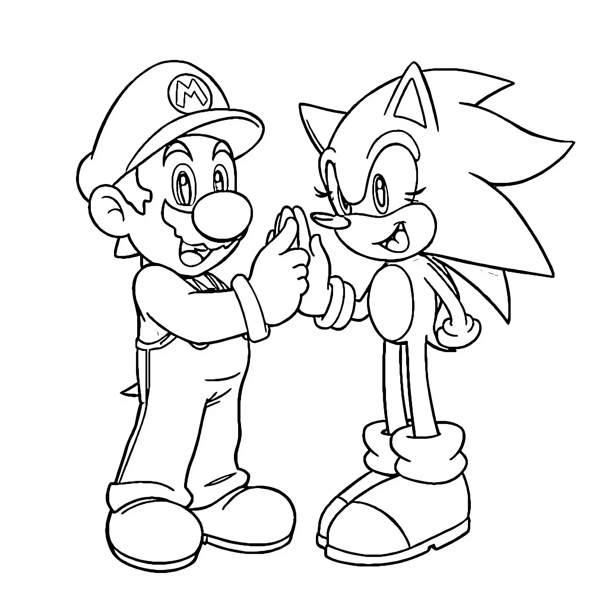 Mario and Sonic in friendly interaction Coloring Page (free black-and-white line drawing printable PDF for all, from beginners to advanced learners, including children, teens, adults, and seniors)