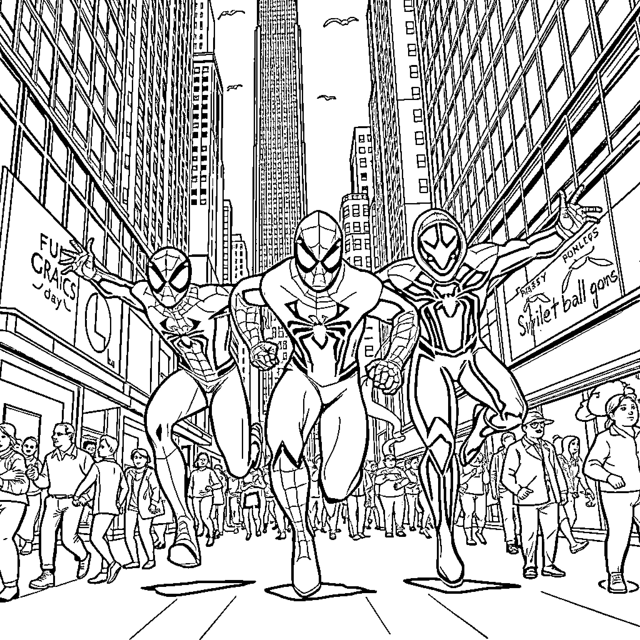Spiderman and his allies in a bustling city scene Coloring Page (free black-and-white line drawing printable PDF for all, from beginners to advanced learners, including children, teens, adults, and seniors)