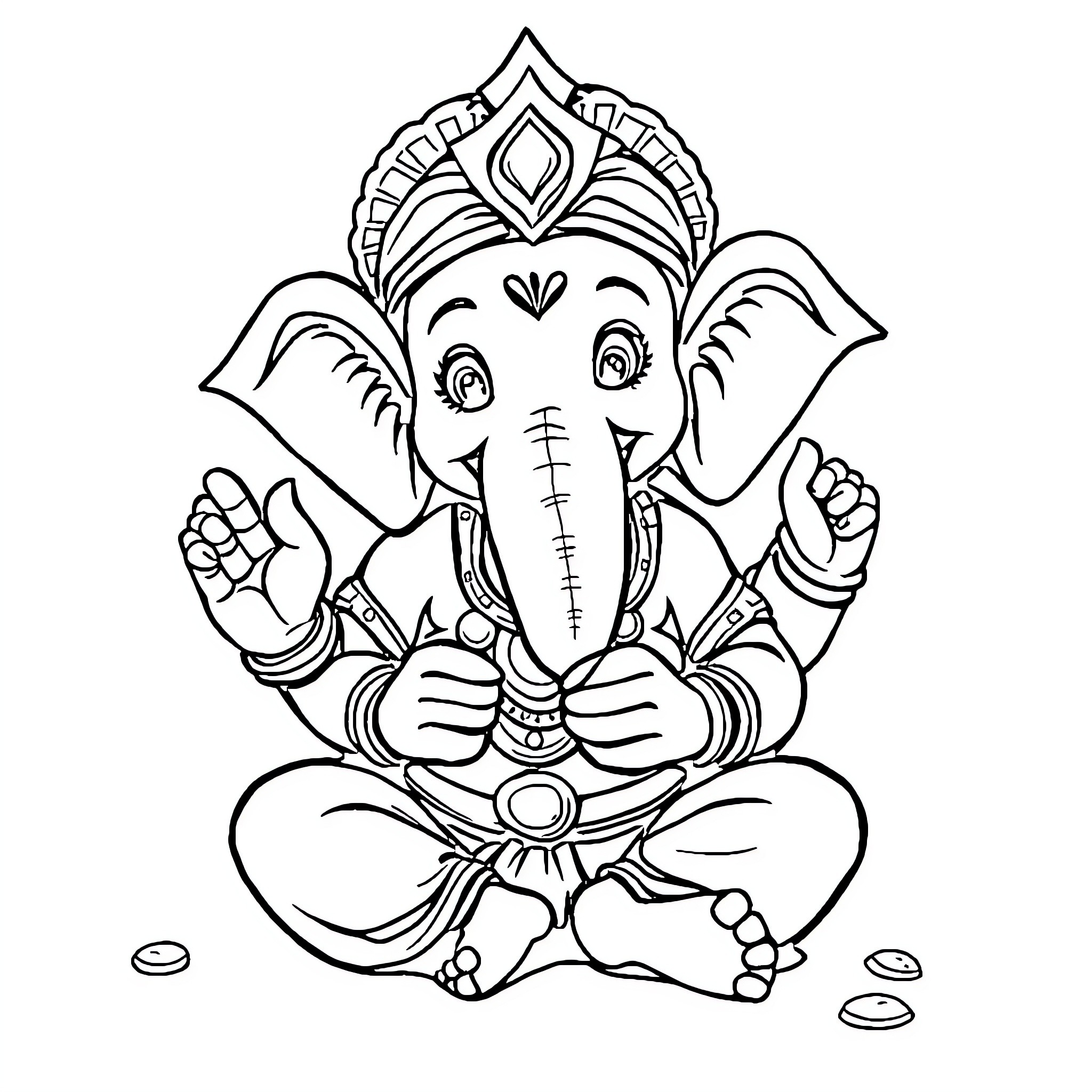 Ganesh meditating peacefully in traditional attire Coloring Page (free black-and-white line drawing printable PDF for all, from beginners to advanced learners, including children, teens, adults, and seniors)