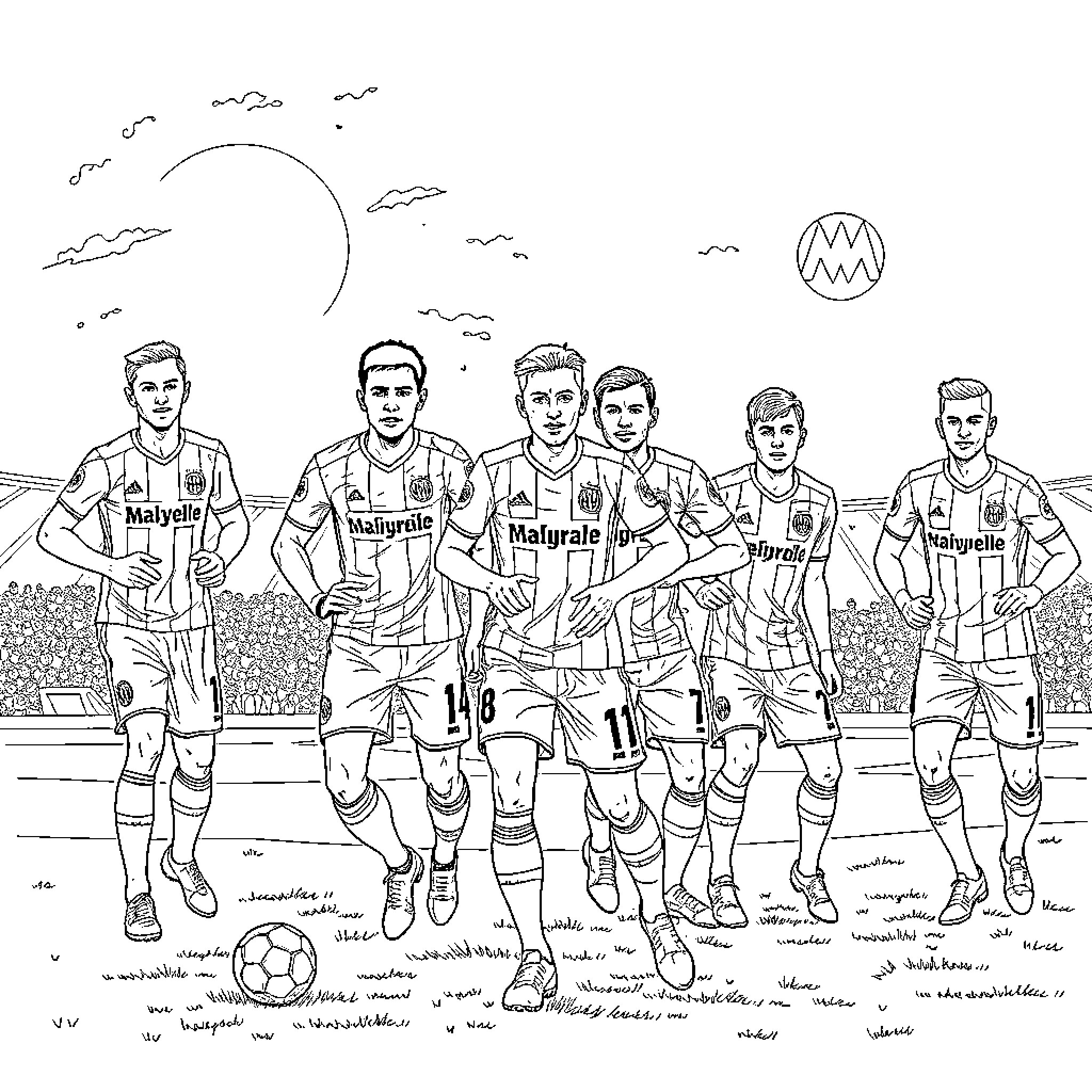Olympique de Marseille players in action on the field Coloring Page (free black-and-white line drawing printable PDF for all, from beginners to advanced learners, including children, teens, adults, and seniors)