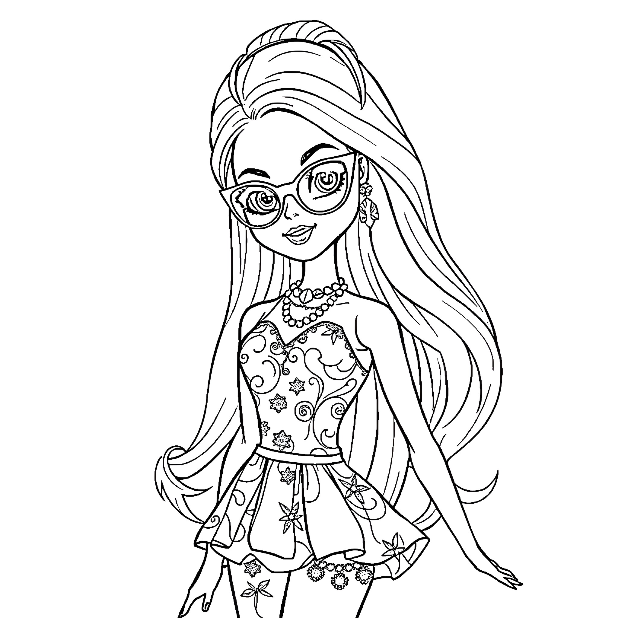 Barbie stylishly posing in patterned dress Coloring Page (free black-and-white line drawing printable PDF for all, from beginners to advanced learners, including children, teens, adults, and seniors)