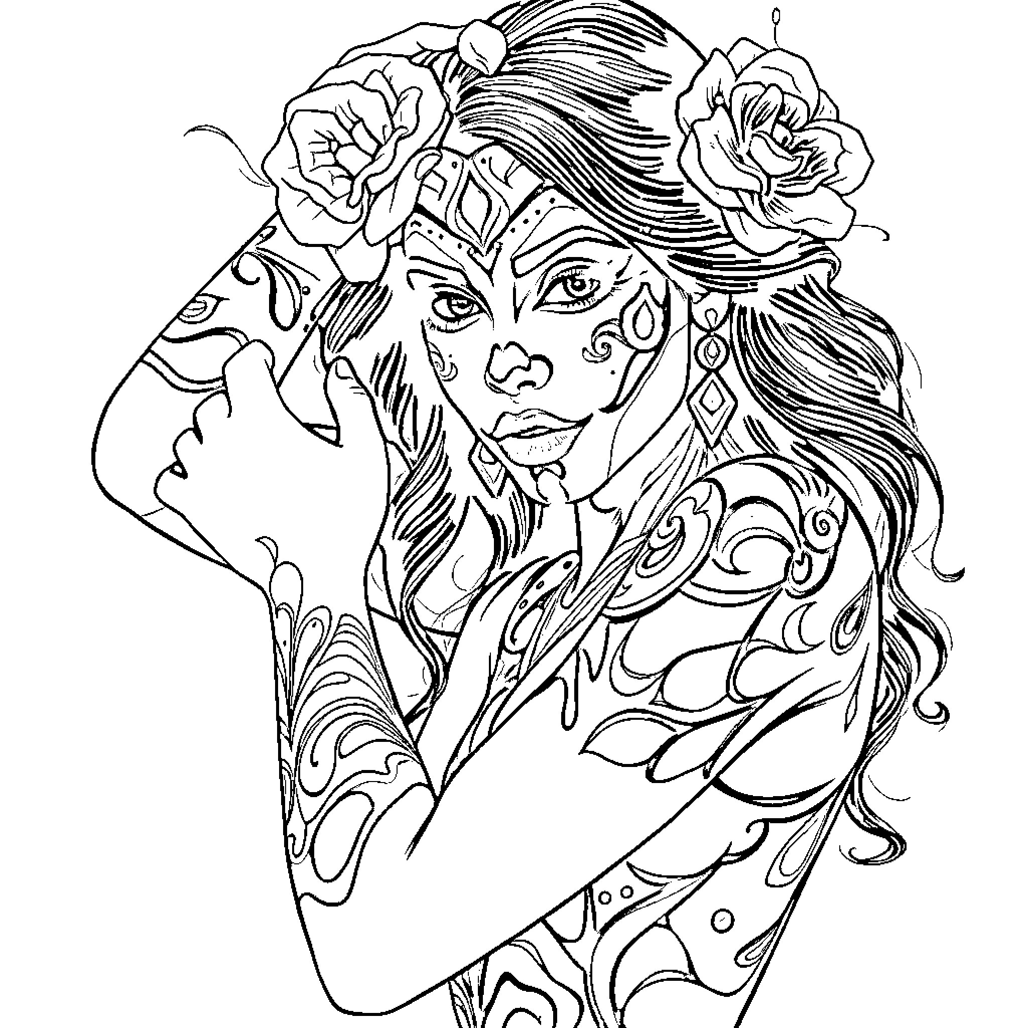 Girl with ornate tattoos and floral headpiece Coloring Page (free black-and-white line drawing printable PDF for all, from beginners to advanced learners, including children, teens, adults, and seniors)
