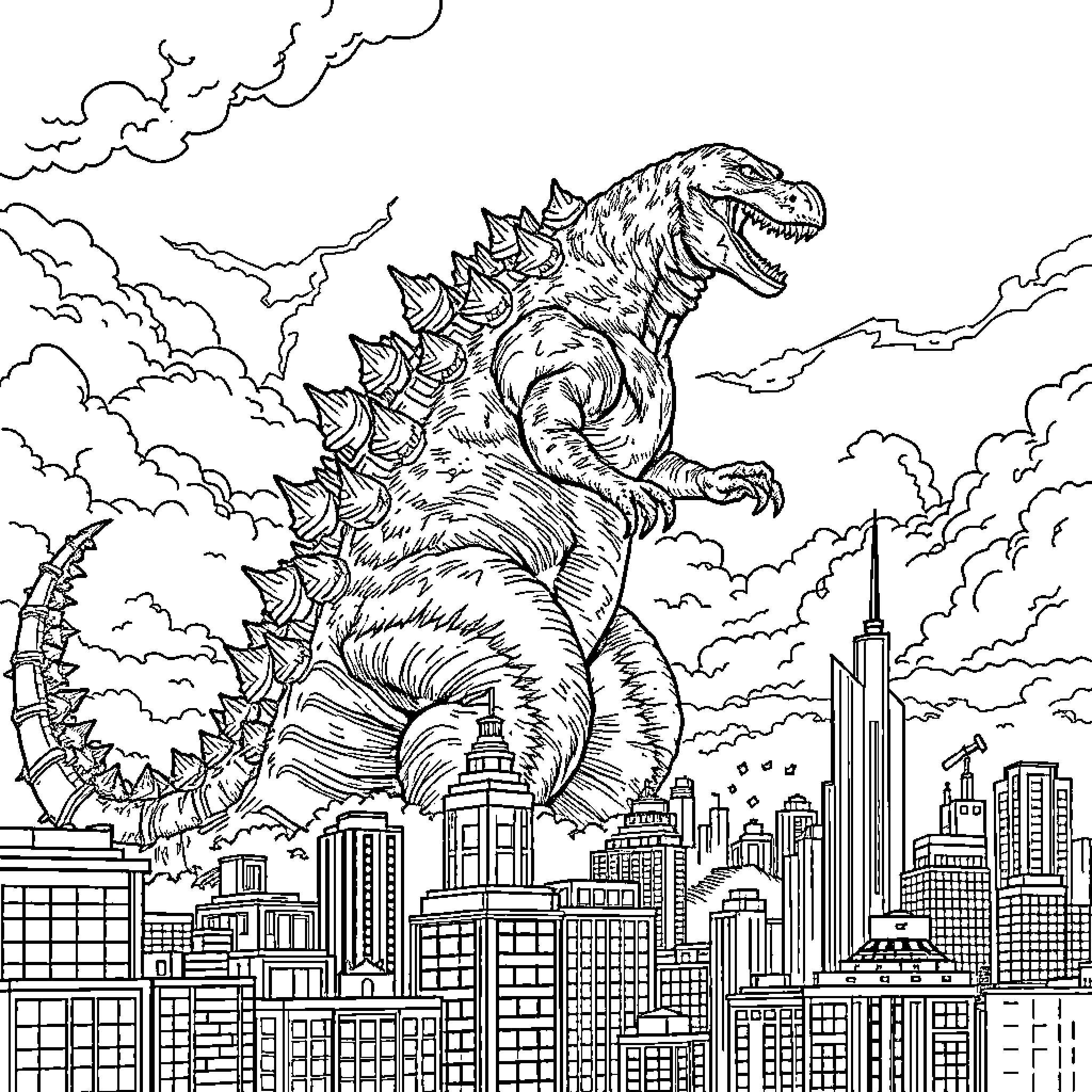 Godzilla rampaging through the city skyline Coloring Page (free black-and-white line drawing printable PDF for all, from beginners to advanced learners, including children, teens, adults, and seniors)