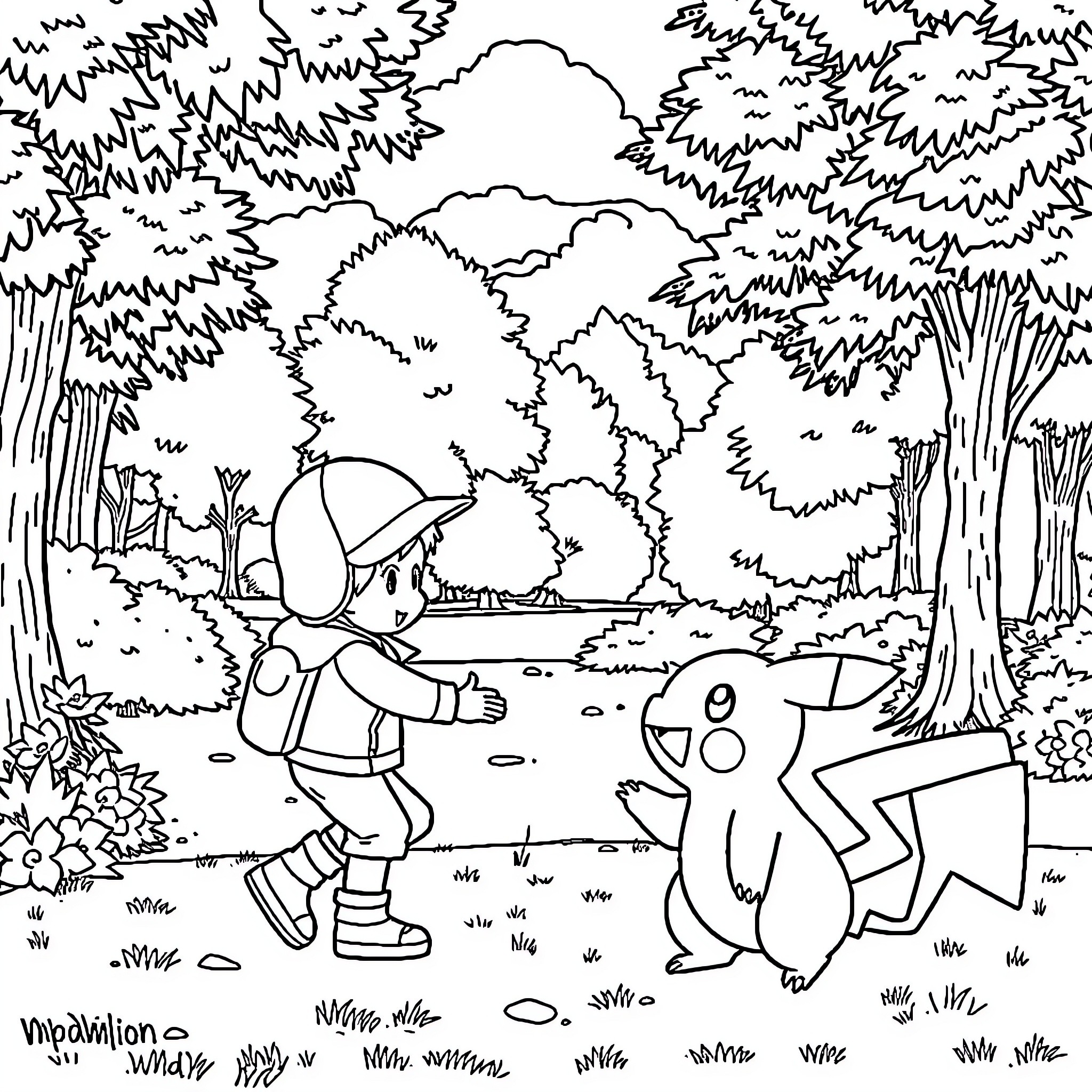 Pokémon exploring the forest with friends Coloring Page (free black-and-white line drawing printable PDF for all, from beginners to advanced learners, including children, teens, adults, and seniors)