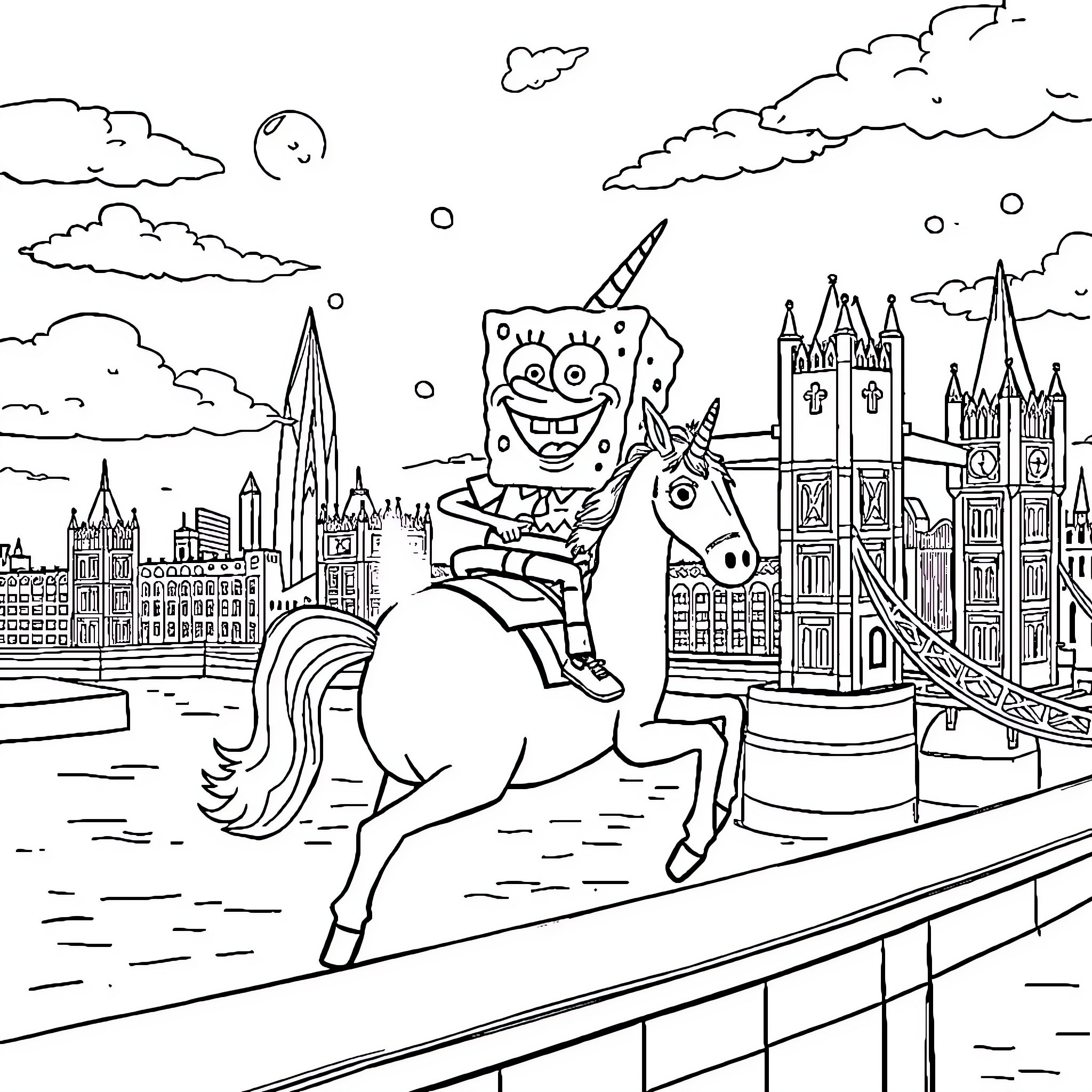 Spongebob riding a unicorn through a magical city Coloring Page (free black-and-white line drawing printable PDF for all, from beginners to advanced learners, including children, teens, adults, and seniors)