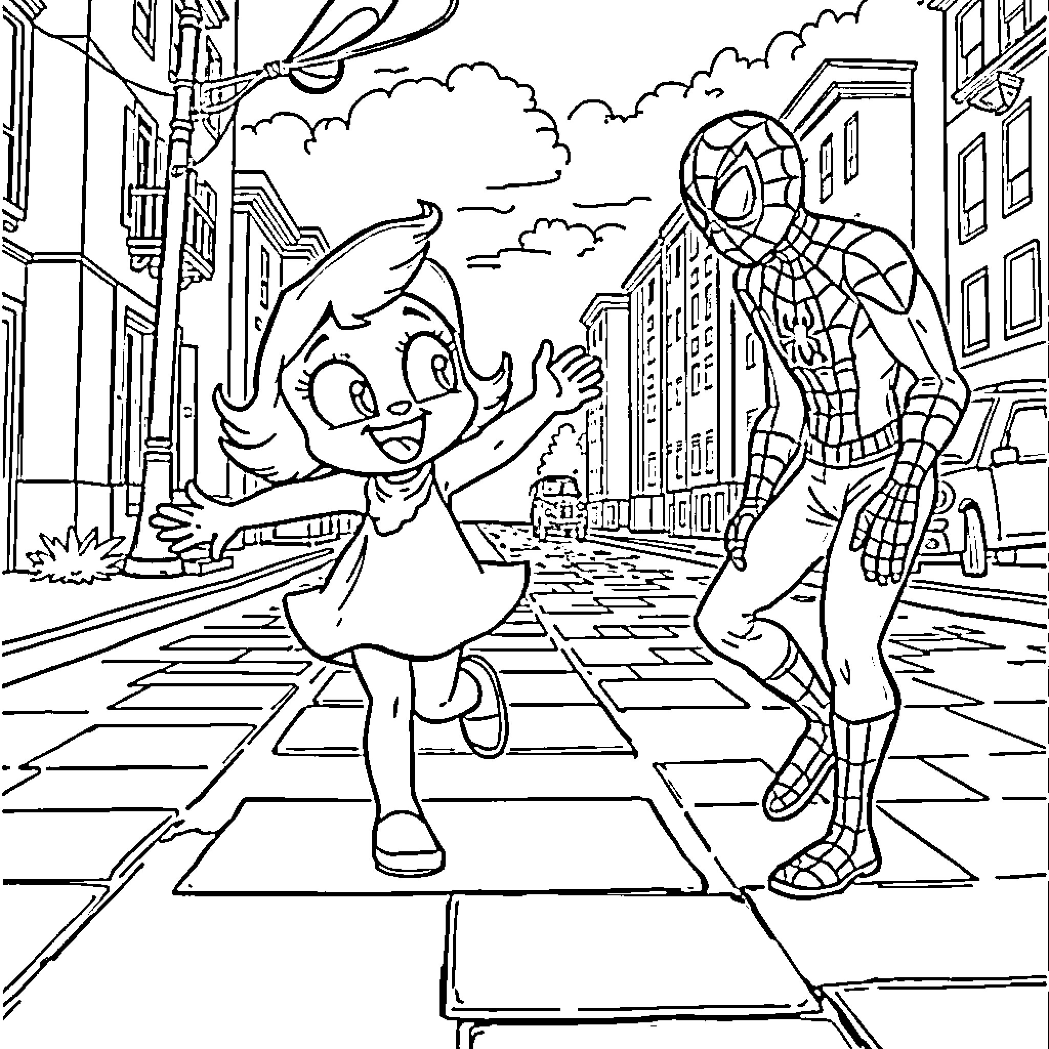 Bluey and Spider-Man's Colorful Adventure Coloring Page (free black-and-white line drawing printable PDF for all, from beginners to advanced learners, including children, teens, adults, and seniors)