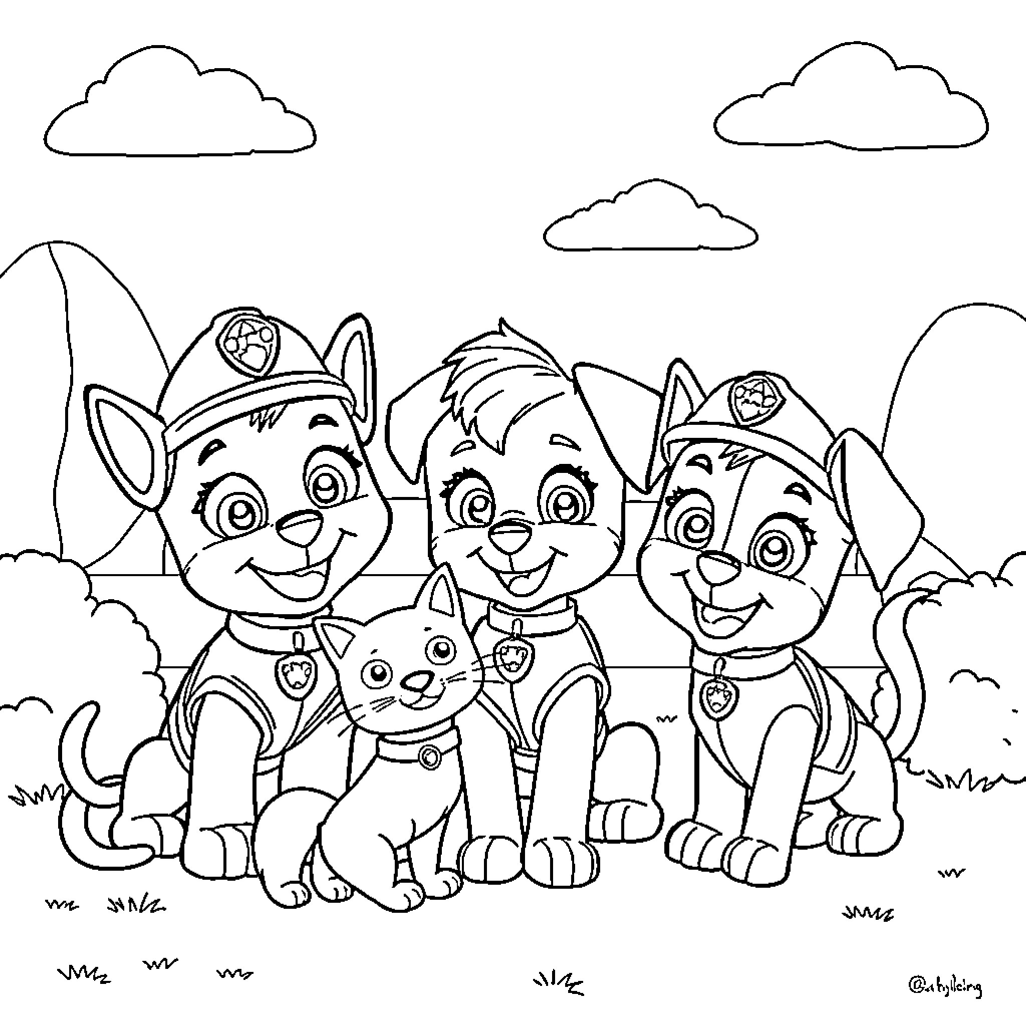 Paw Patrol pups enjoying nature and outdoor adventure Coloring Page (free black-and-white line drawing printable PDF for all, from beginners to advanced learners, including children, teens, adults, and seniors)
