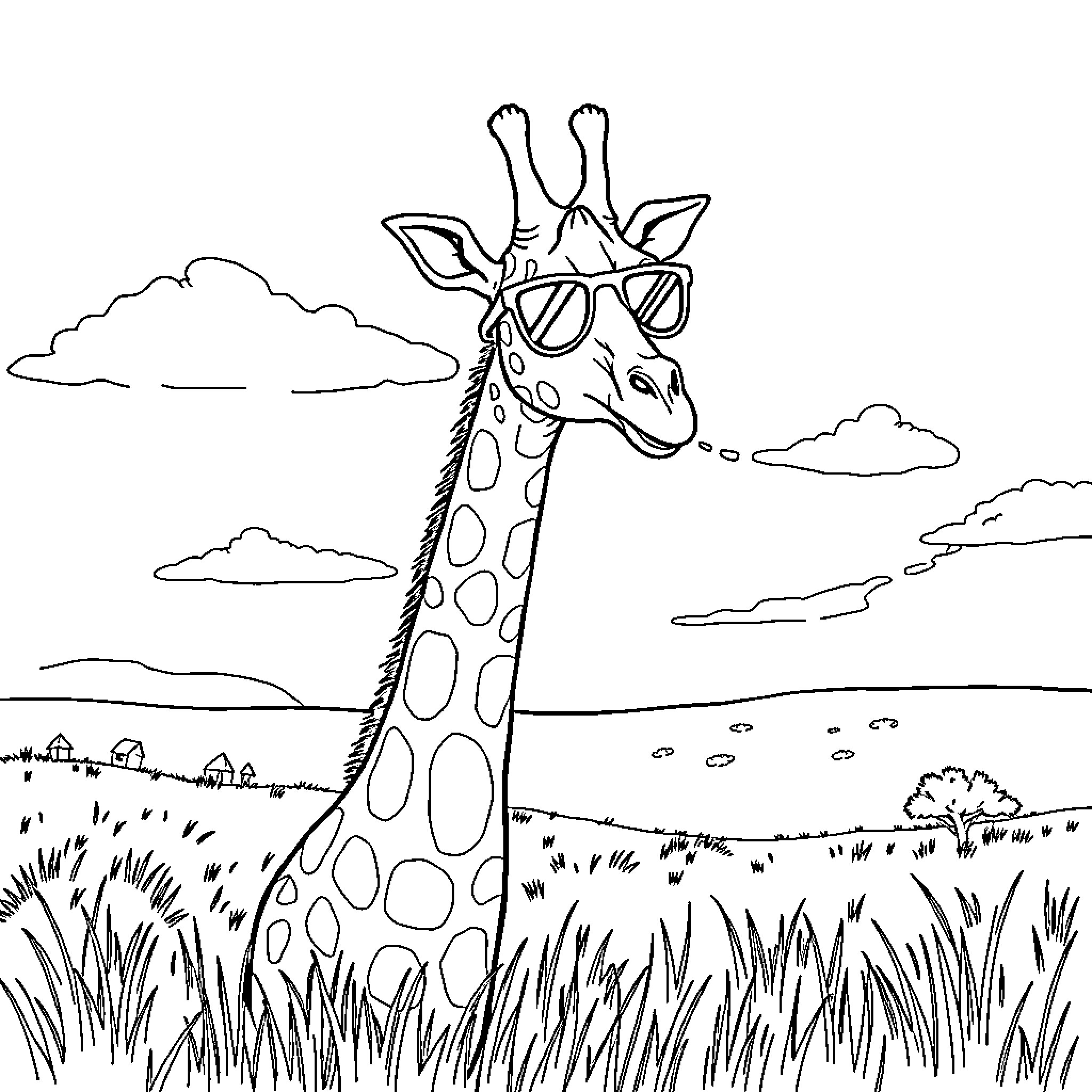 Giraffe enjoying the outdoors in stylish sunglasses Coloring Page (free black-and-white line drawing printable PDF for all, from beginners to advanced learners, including children, teens, adults, and seniors)