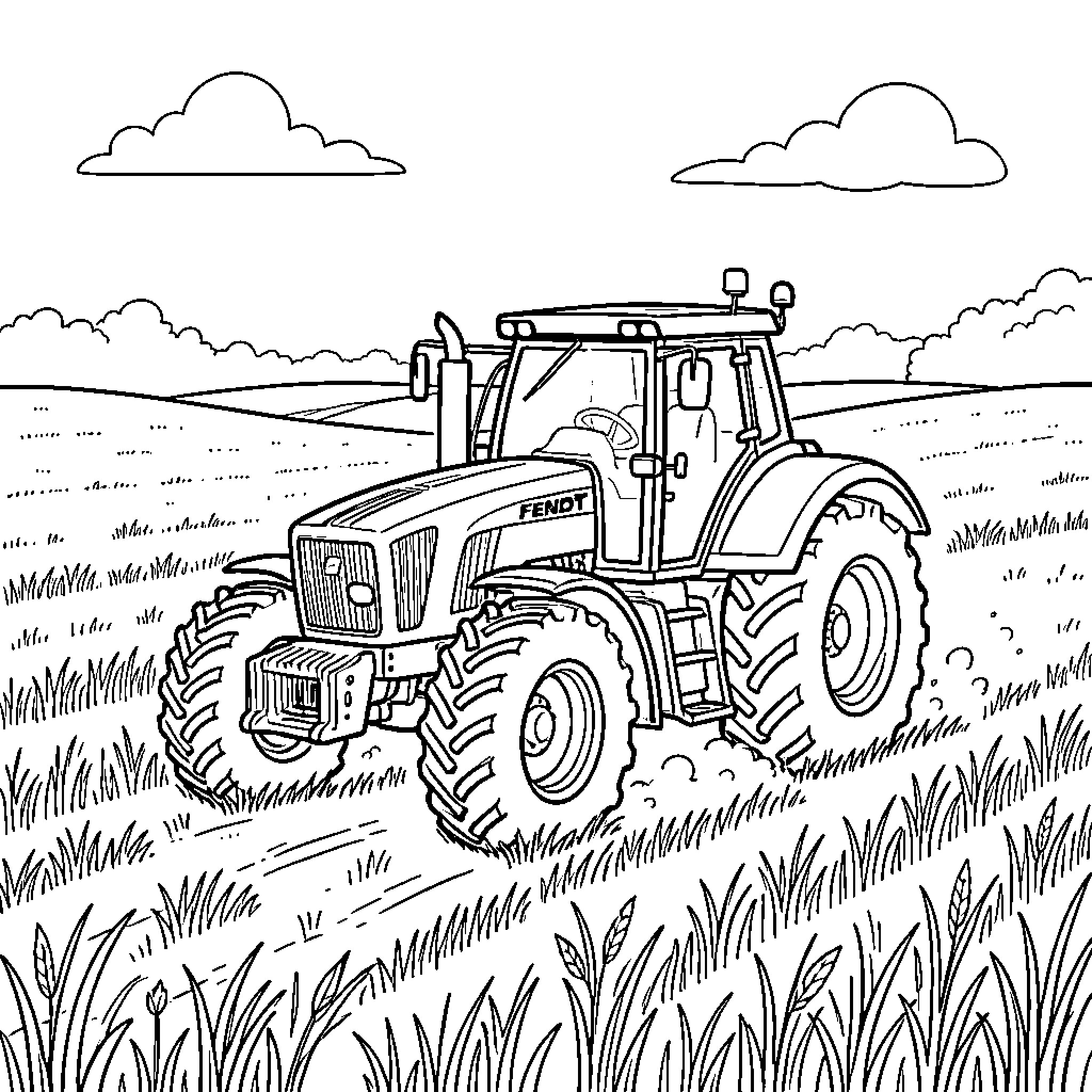 Tractor driving through a large field Coloring Page (free black-and-white line drawing printable PDF for all, from beginners to advanced learners, including children, teens, adults, and seniors)