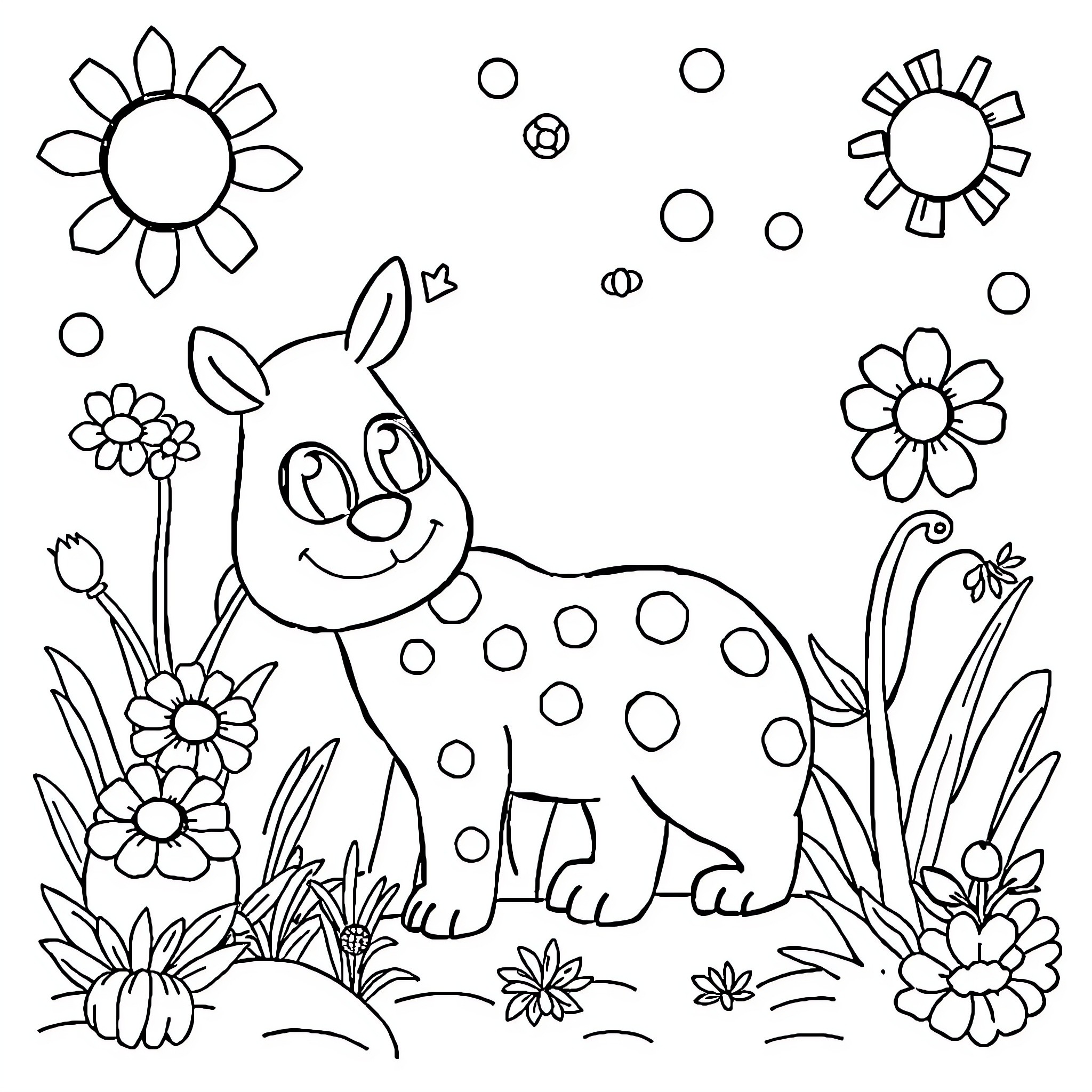 Kid's Playful Spotted Animal in Flower Garden Coloring Page (free black-and-white line drawing printable PDF for all, from beginners to advanced learners, including children, teens, adults, and seniors)