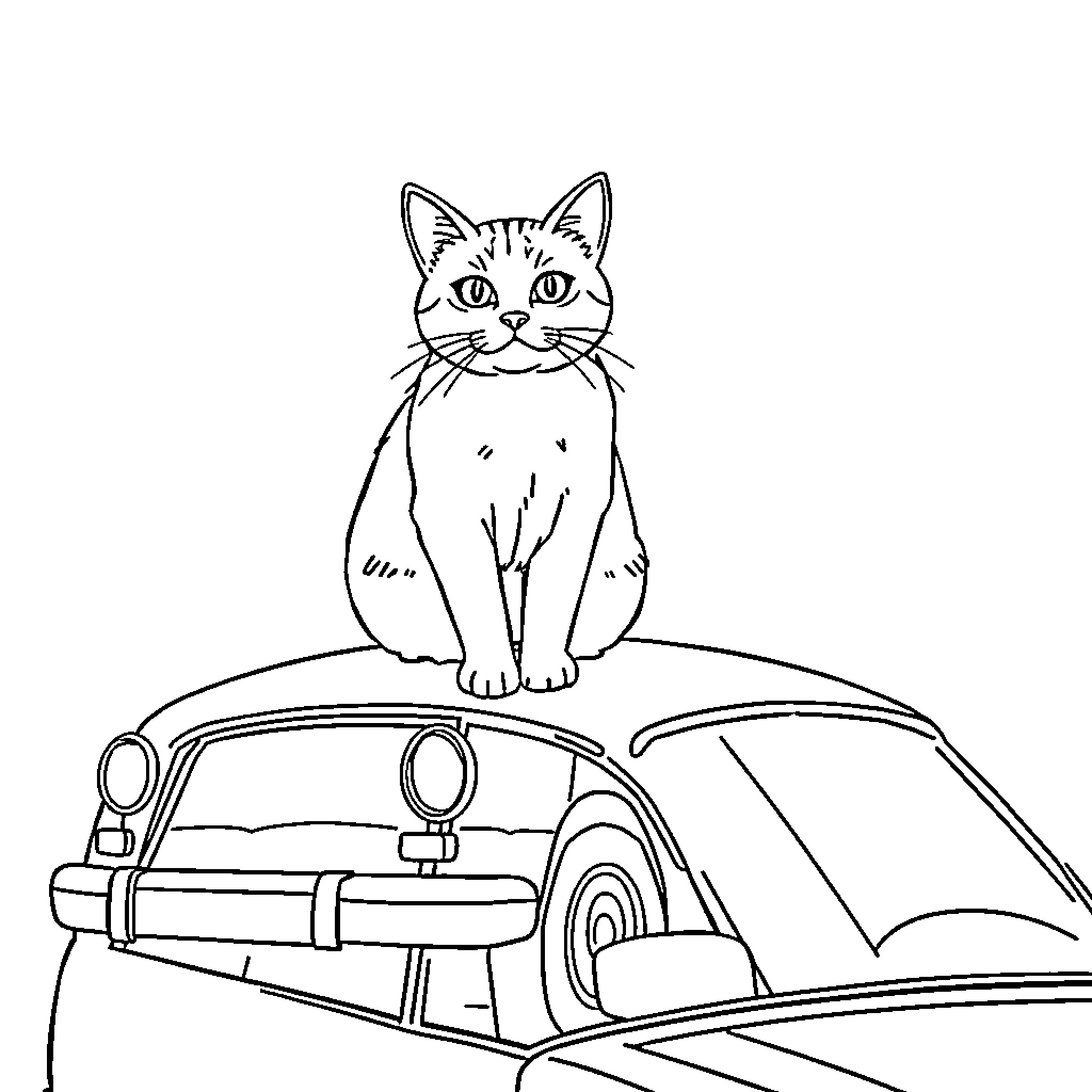 Cat Car Curious Feline Perched on Vintage Vehicle Coloring Page (free black-and-white line drawing printable PDF for all, from beginners to advanced learners, including children, teens, adults, and seniors)