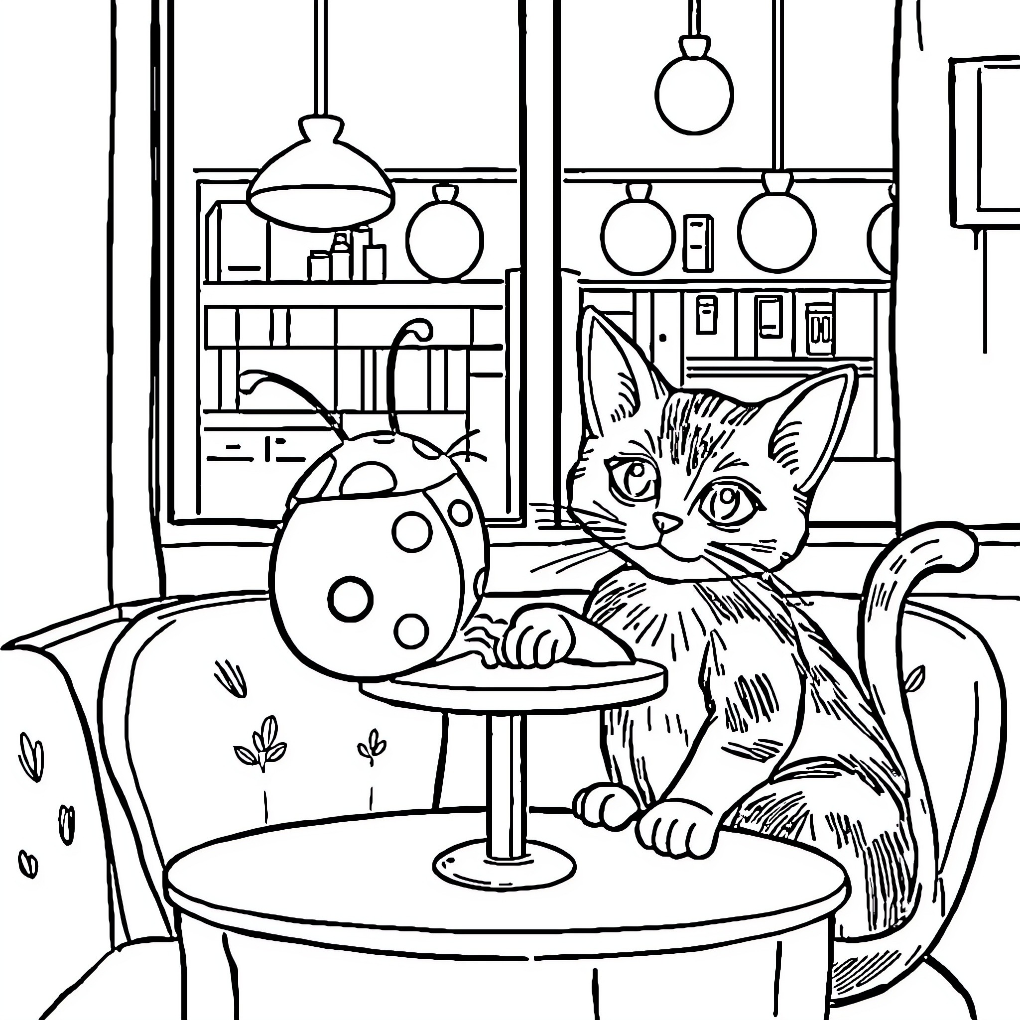 Ladybug exploring a cozy home with a curious cat Coloring Page (free black-and-white line drawing printable PDF for all, from beginners to advanced learners, including children, teens, adults, and seniors)