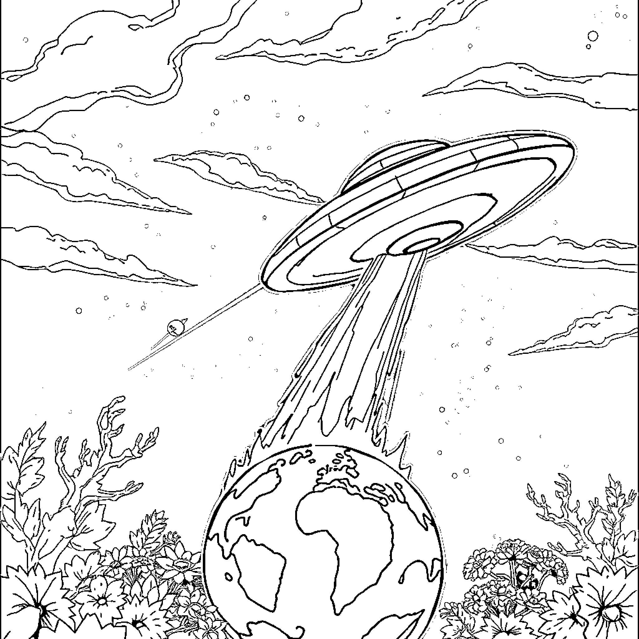UFO hovering over the Earth in a mysterious scene Coloring Page (free black-and-white line drawing printable PDF for all, from beginners to advanced learners, including children, teens, adults, and seniors)