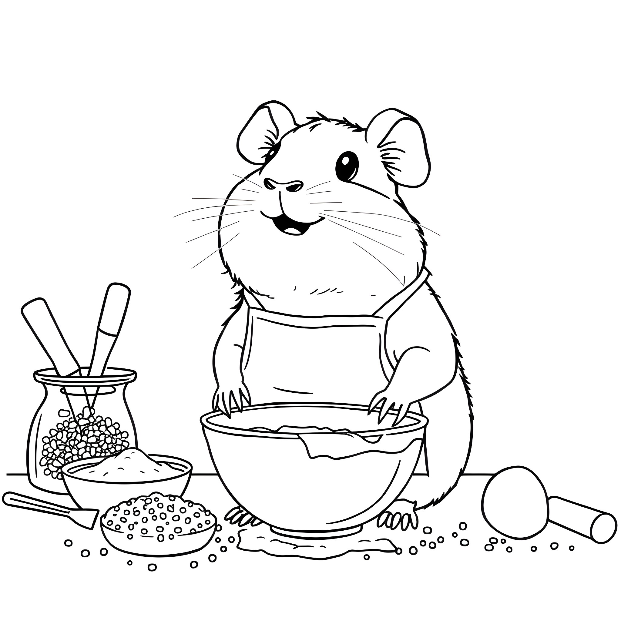 Guinea Pig Cooking Happily in the Kitchen Coloring Page (free black-and-white line drawing printable PDF for all, from beginners to advanced learners, including children, teens, adults, and seniors)