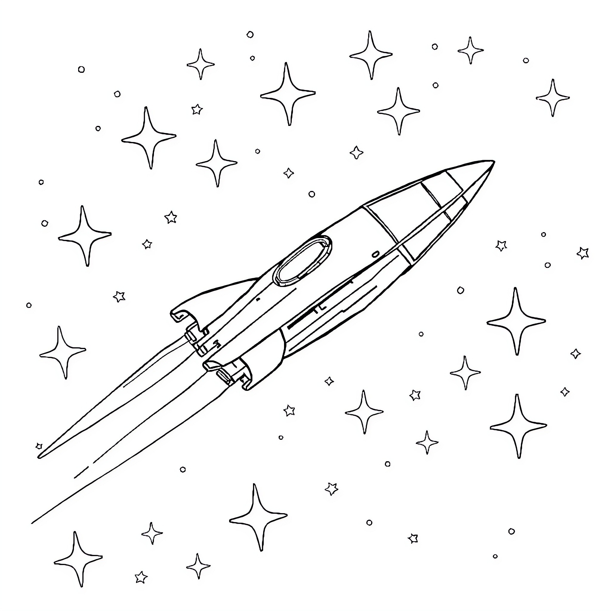 Star Rocket Soaring Through Cosmic Starry Sky Coloring Page (free black-and-white line drawing printable PDF for all, from beginners to advanced learners, including children, teens, adults, and seniors)