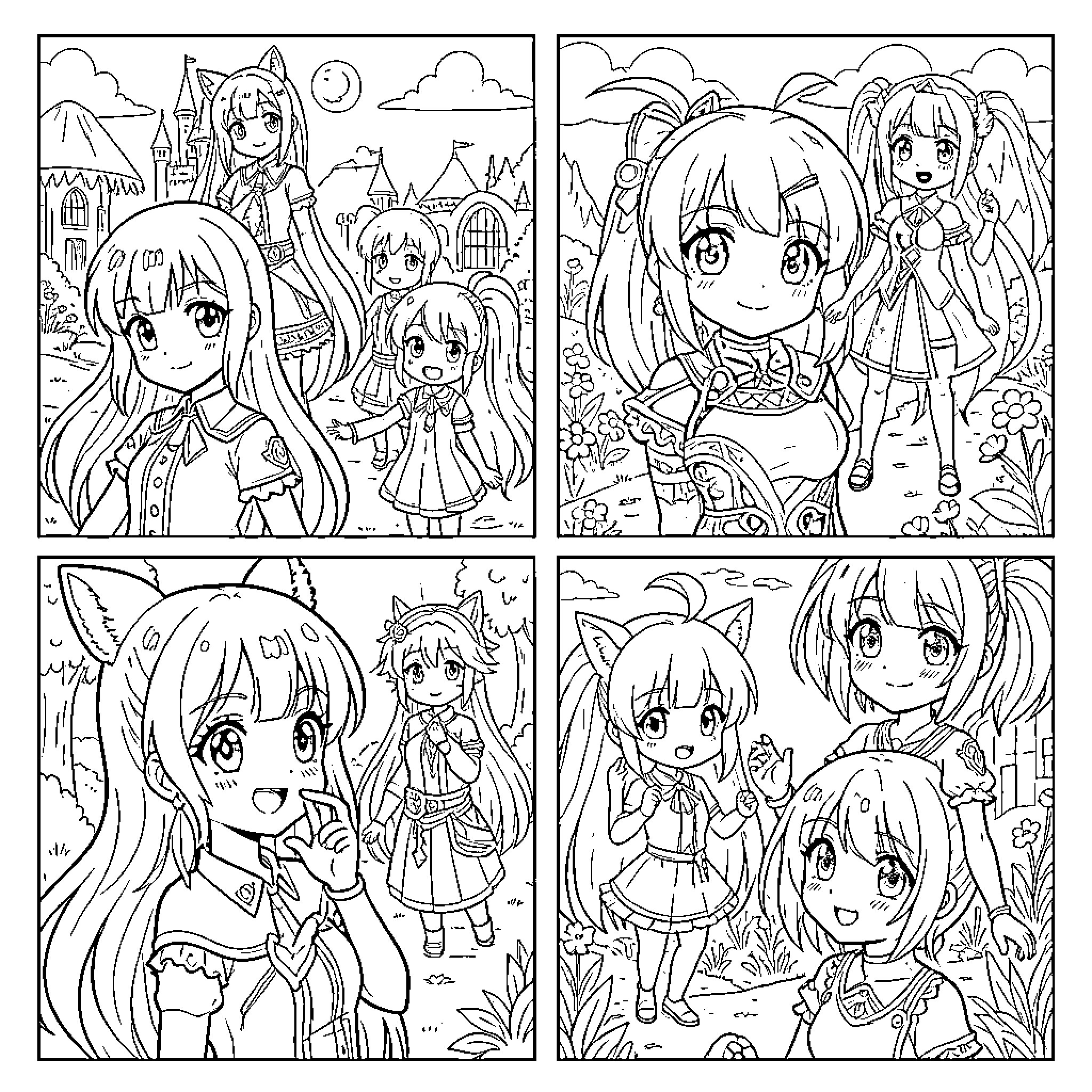 Anime Girls in a Whimsical Fantasy World Coloring Page (free black-and-white line drawing printable PDF for all, from beginners to advanced learners, including children, teens, adults, and seniors)