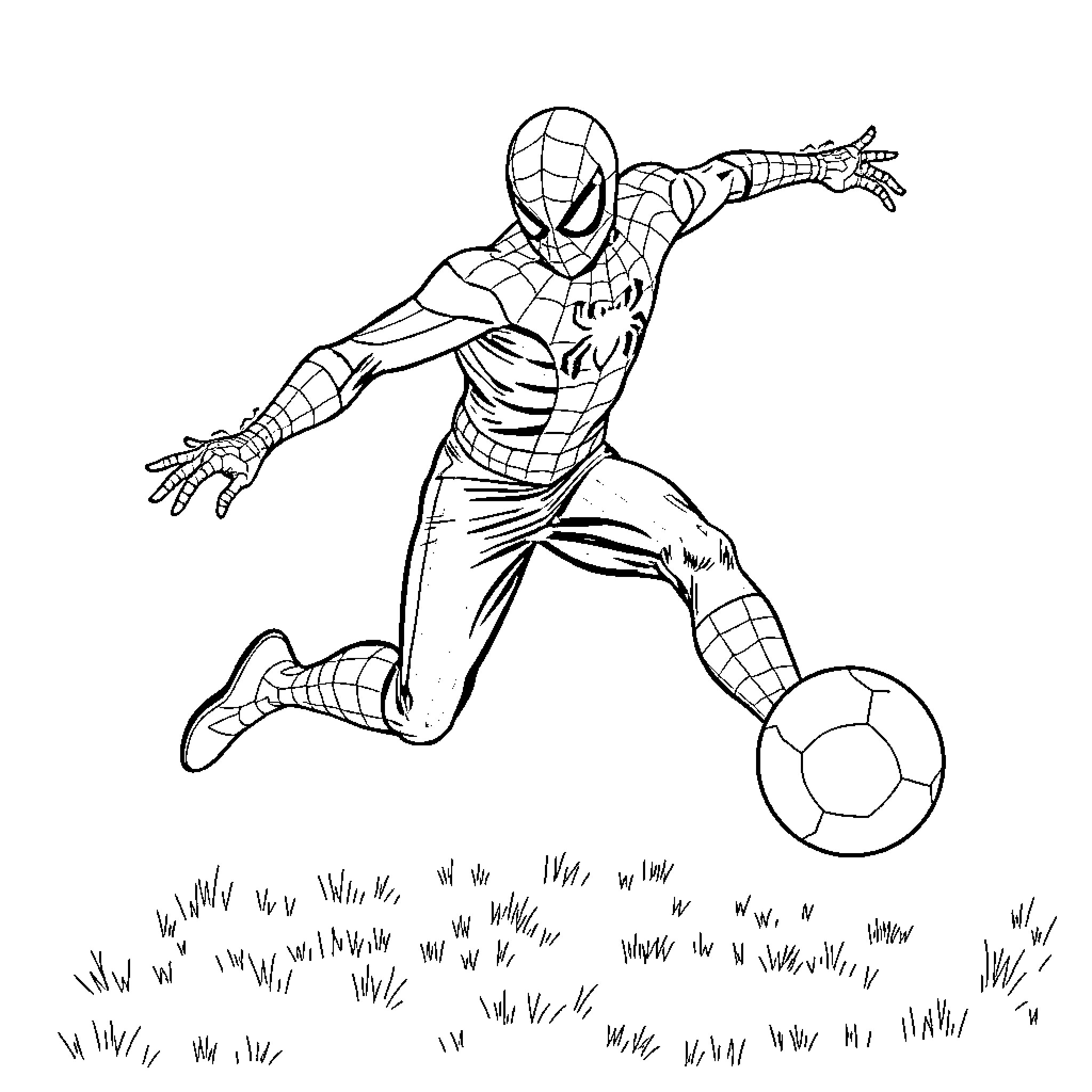Spider-Man jumping and kicking soccer ball on field Coloring Page (free black-and-white line drawing printable PDF for all, from beginners to advanced learners, including children, teens, adults, and seniors)