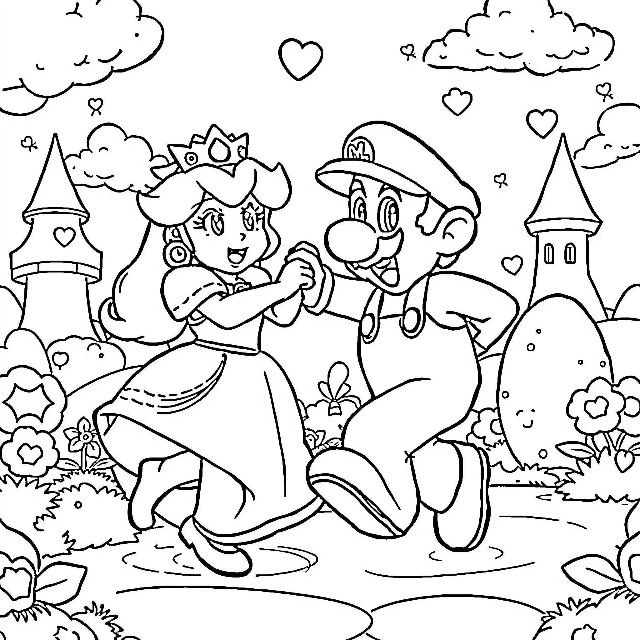 Mario and Princess Exploring Magical Kingdom Coloring Page (free black-and-white line drawing printable PDF for all, from beginners to advanced learners, including children, teens, adults, and seniors)