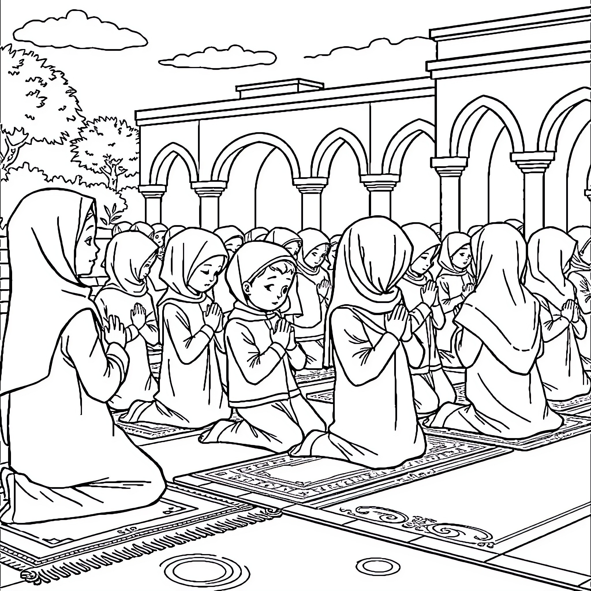 Kid praying at mosque with others Coloring Page (free black-and-white line drawing printable PDF for all, from beginners to advanced learners, including children, teens, adults, and seniors)