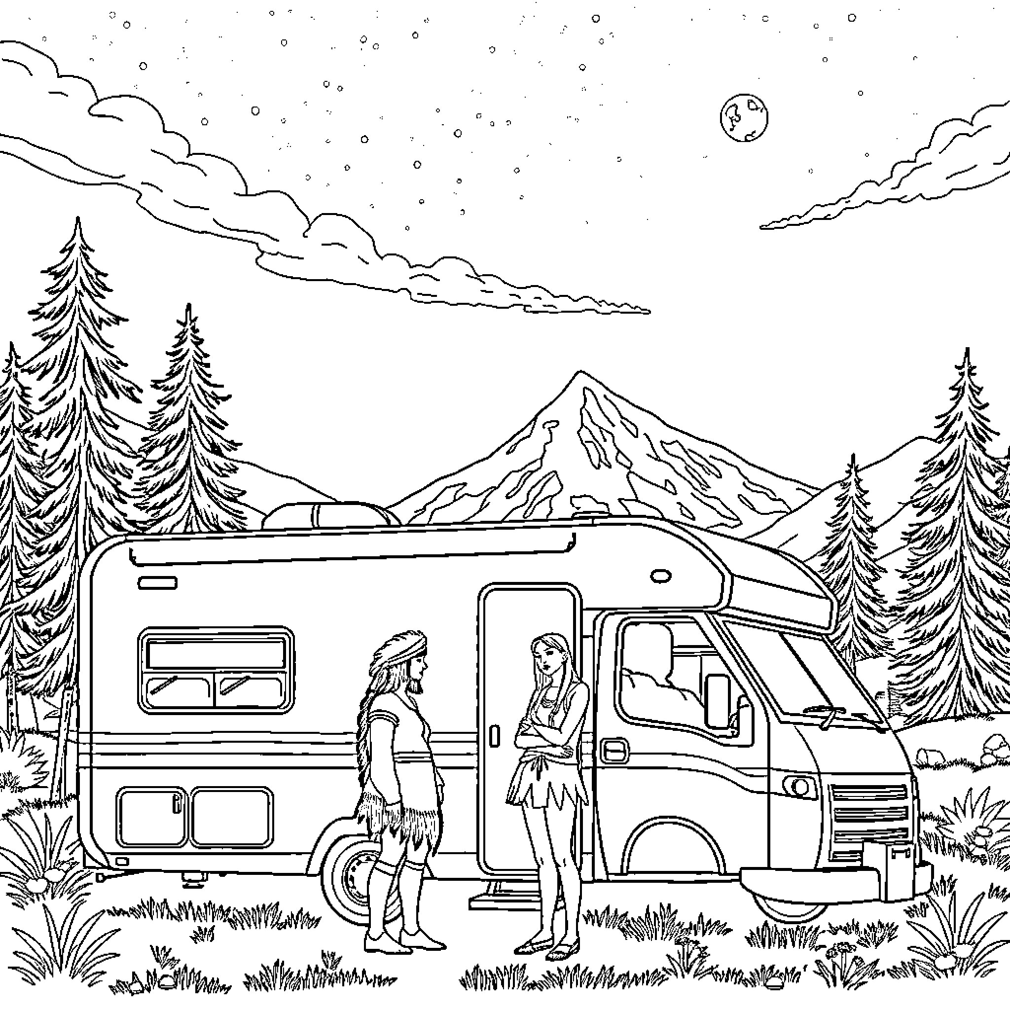 Indian Couple Camping in RV Under Starry Night Sky Coloring Page (free black-and-white line drawing printable PDF for all, from beginners to advanced learners, including children, teens, adults, and seniors)