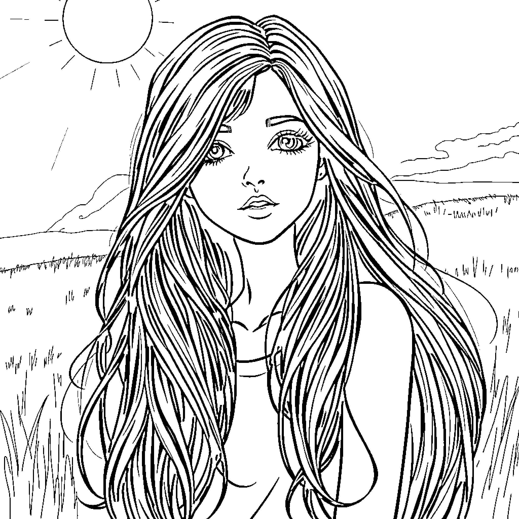 Girl in a peaceful outdoor scene Coloring Page (free black-and-white line drawing printable PDF for all, from beginners to advanced learners, including children, teens, adults, and seniors)