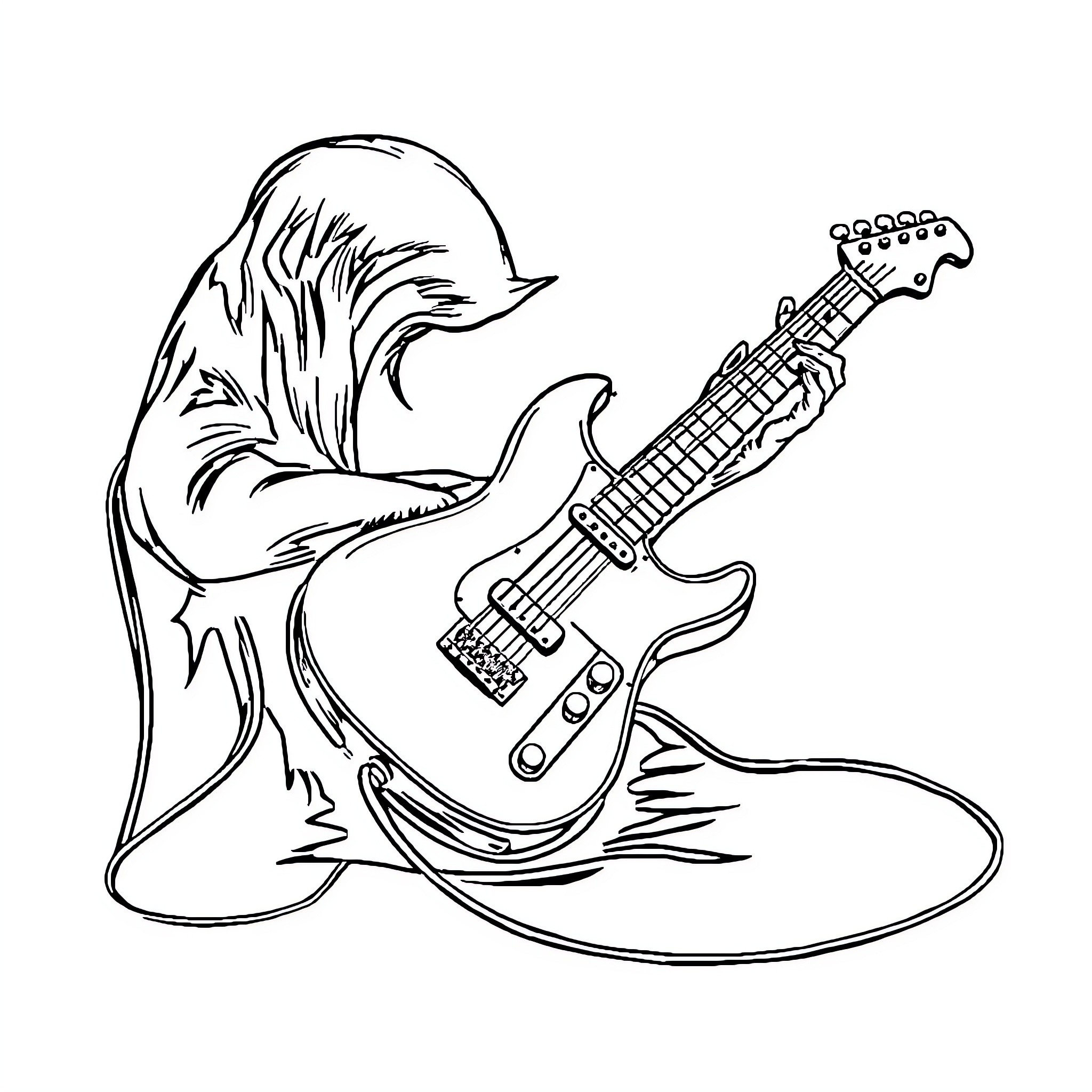 Guitar player with flowing hair in action Coloring Page (free black-and-white line drawing printable PDF for all, from beginners to advanced learners, including children, teens, adults, and seniors)