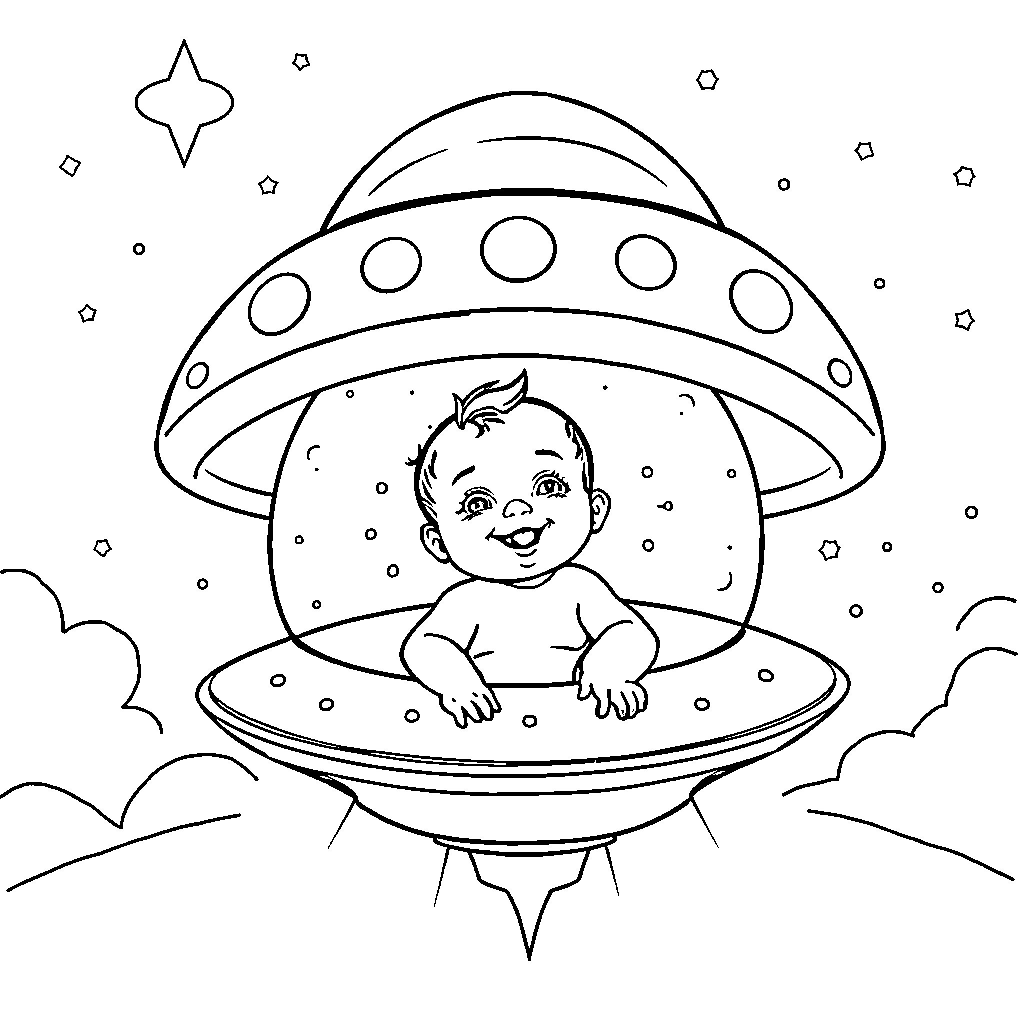 Baby in a spaceship exploring the galaxy Coloring Page (free black-and-white line drawing printable PDF for all, from beginners to advanced learners, including children, teens, adults, and seniors)