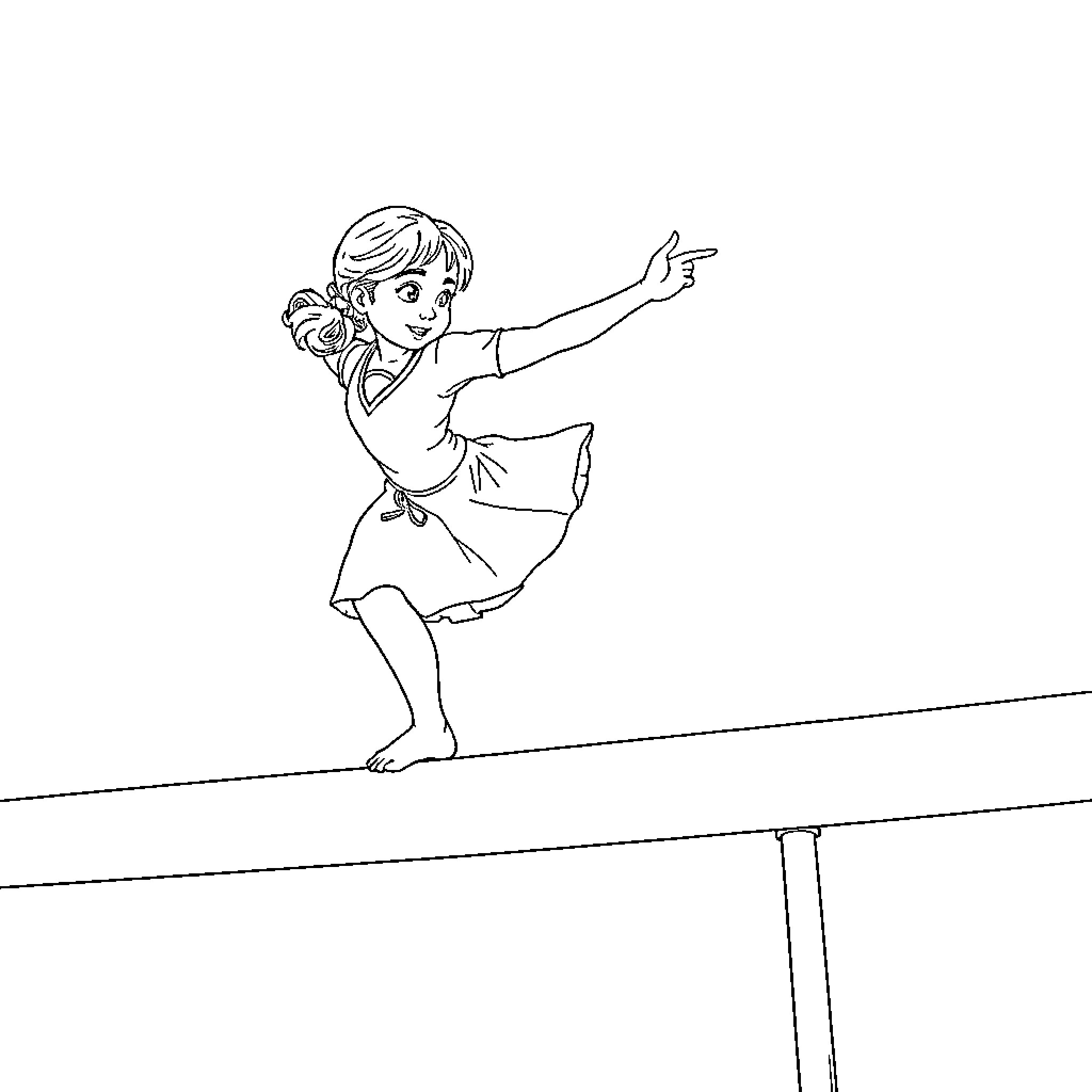 Hermaine Grainger Performing Gymnastics on Beam Coloring Page (free black-and-white line drawing printable PDF for all, from beginners to advanced learners, including children, teens, adults, and seniors)