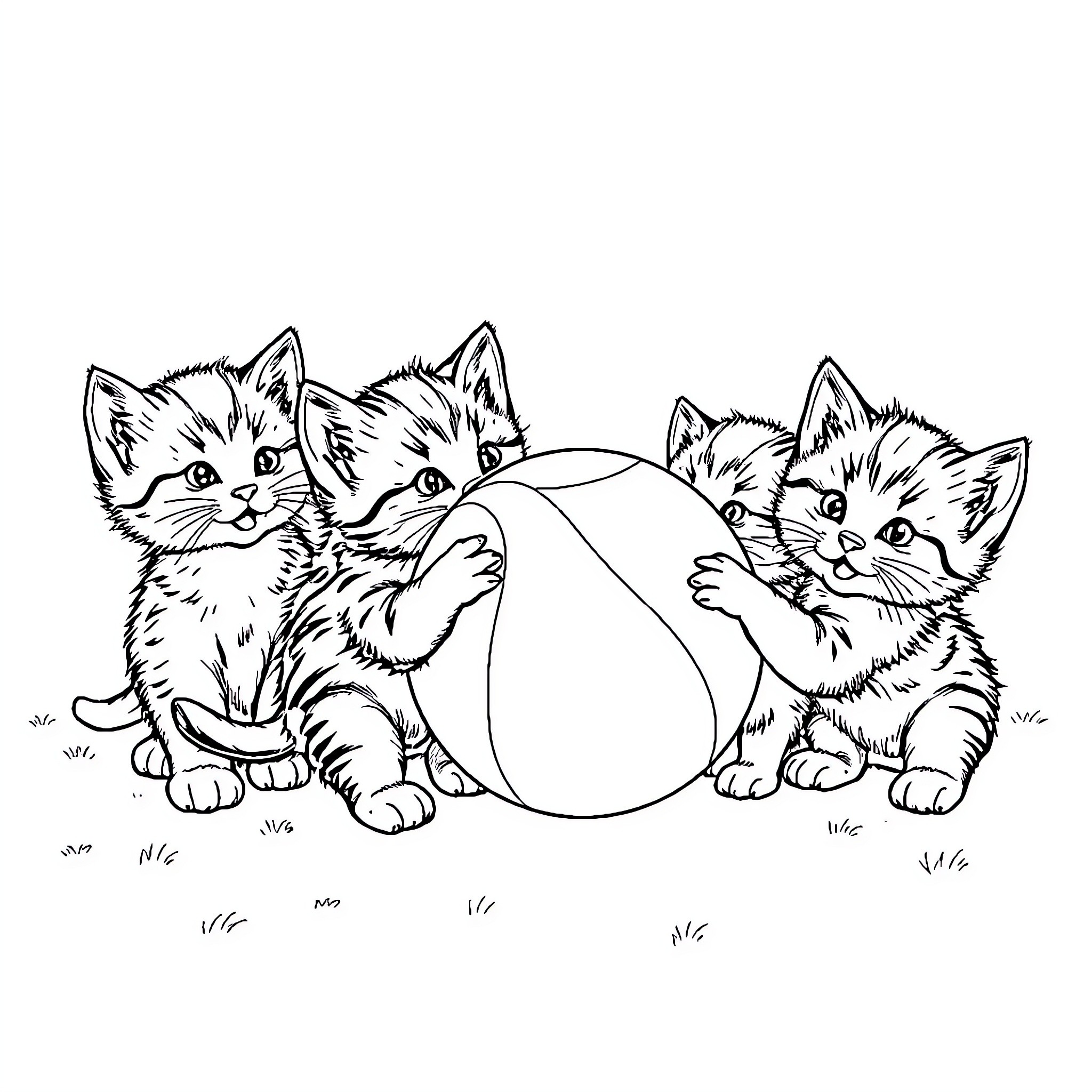 Kittens playing with a ball Coloring Page (free black-and-white line drawing printable PDF for all, from beginners to advanced learners, including children, teens, adults, and seniors)