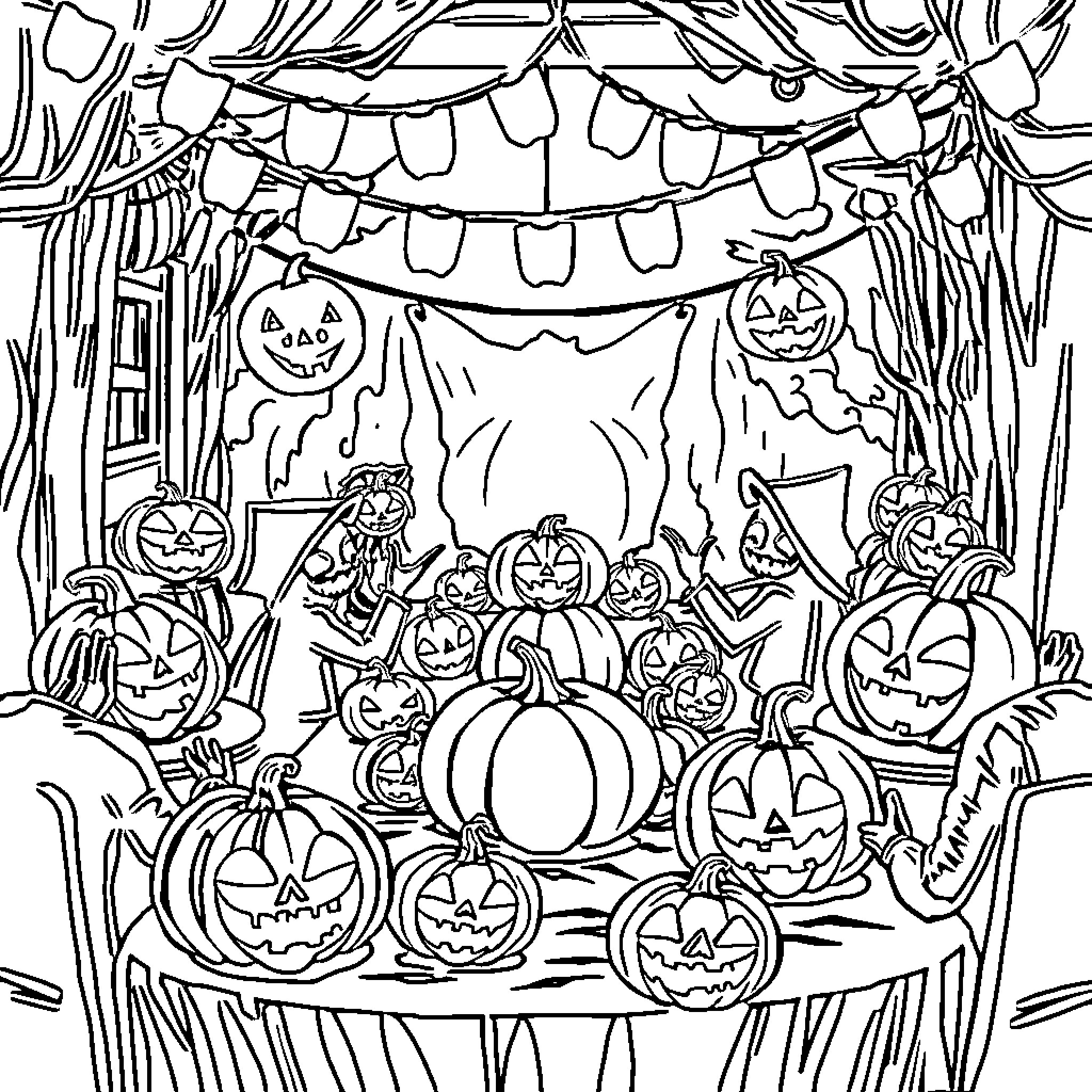 Jack-o'-lanterns gathered for a Halloween celebration Coloring Page (free black-and-white line drawing printable PDF for all, from beginners to advanced learners, including children, teens, adults, and seniors)