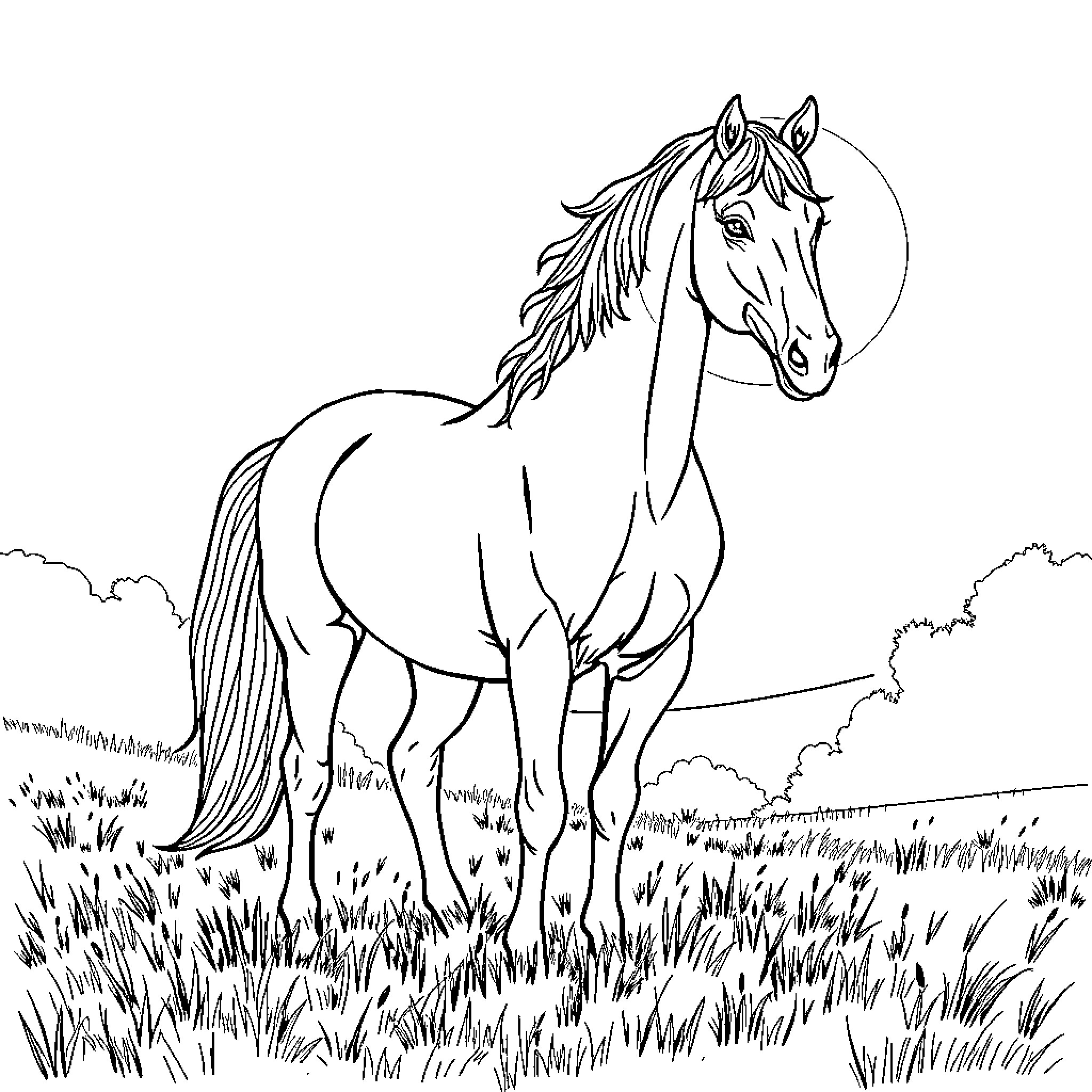 Horse standing majestically in a grassy field Coloring Page (free black-and-white line drawing printable PDF for all, from beginners to advanced learners, including children, teens, adults, and seniors)
