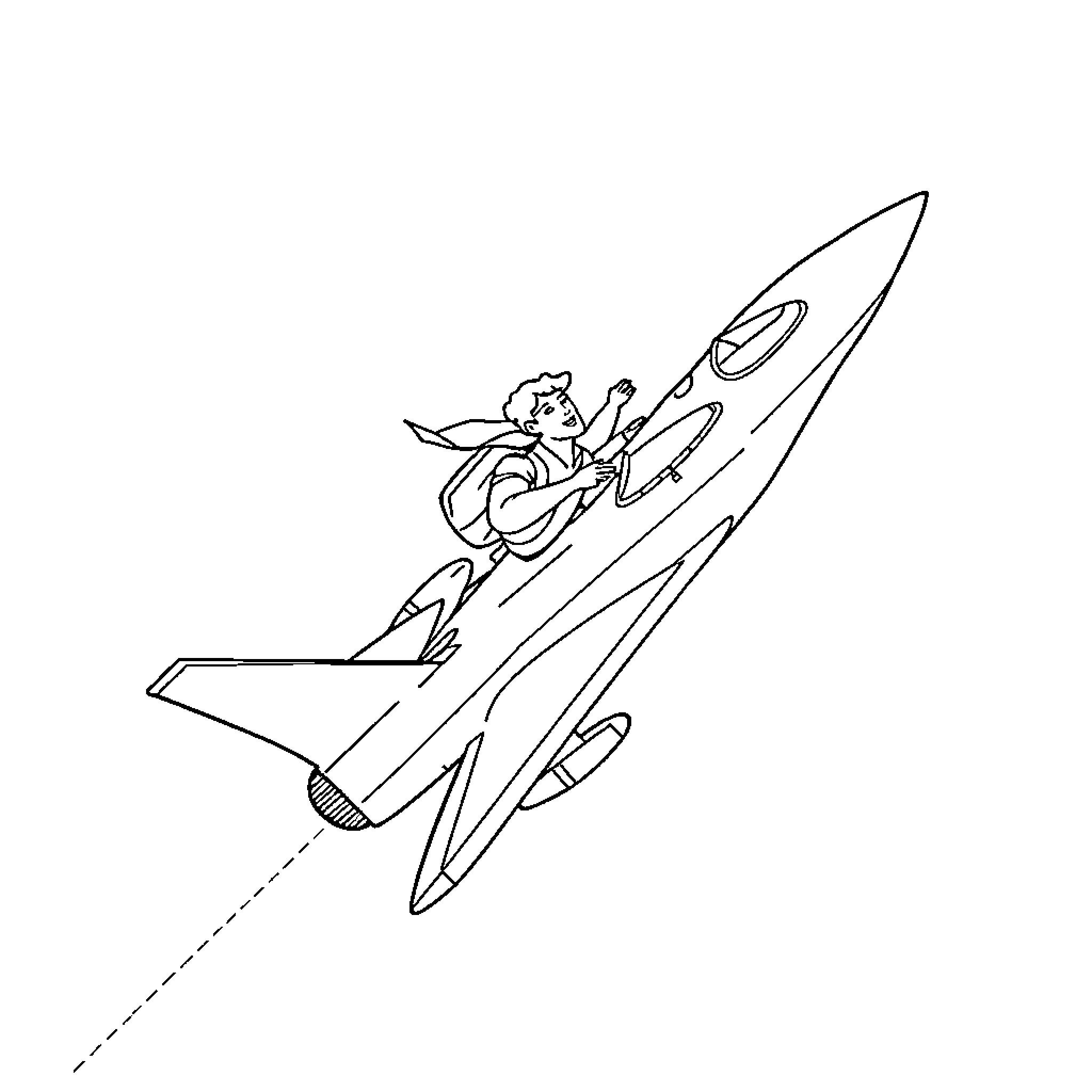 Jet with person riding in flight Coloring Page (free black-and-white line drawing printable PDF for all, from beginners to advanced learners, including children, teens, adults, and seniors)