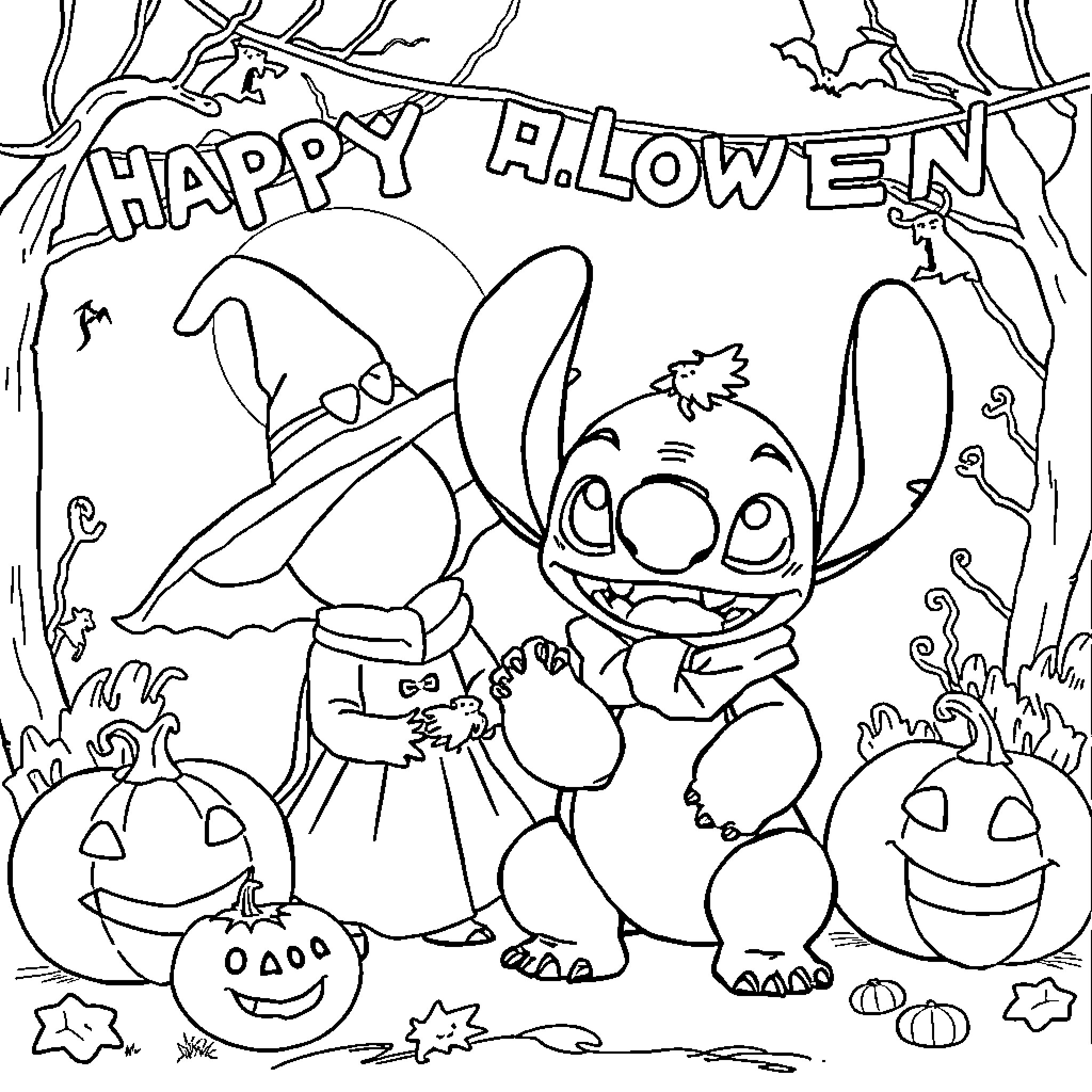 Lilo celebrating a spooky Halloween with friends Coloring Page (free black-and-white line drawing printable PDF for all, from beginners to advanced learners, including children, teens, adults, and seniors)