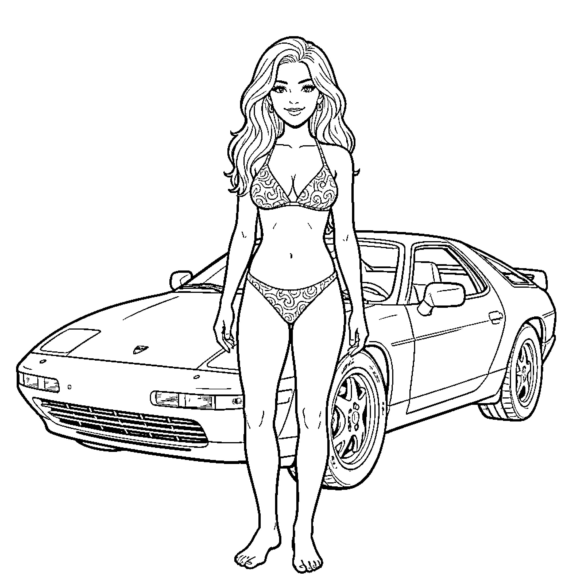 Tam Chamade woman in bikini standing by a car Coloring Page (free black-and-white line drawing printable PDF for all, from beginners to advanced learners, including children, teens, adults, and seniors)