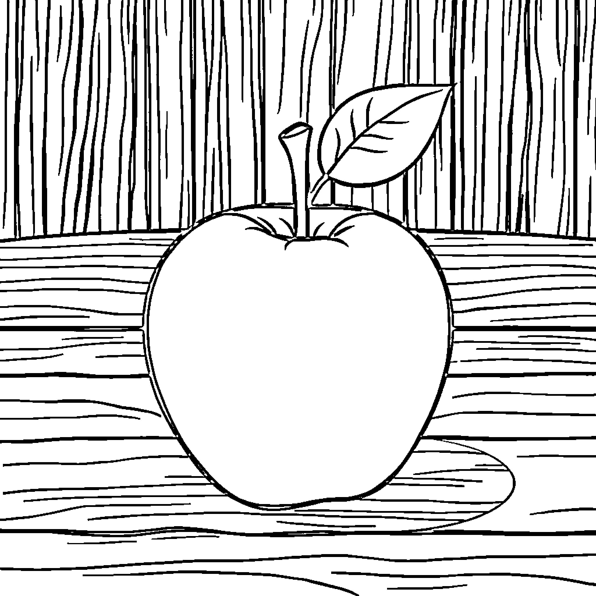 Apple on Wooden Textured Background Coloring Page (free black-and-white line drawing printable PDF for all, from beginners to advanced learners, including children, teens, adults, and seniors)