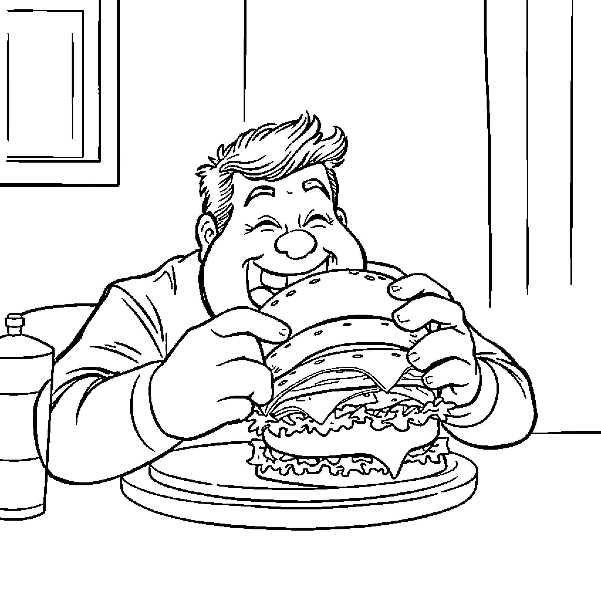 Chris Farley eating a large burger with enthusiasm Coloring Page (free black-and-white line drawing printable PDF for all, from beginners to advanced learners, including children, teens, adults, and seniors)
