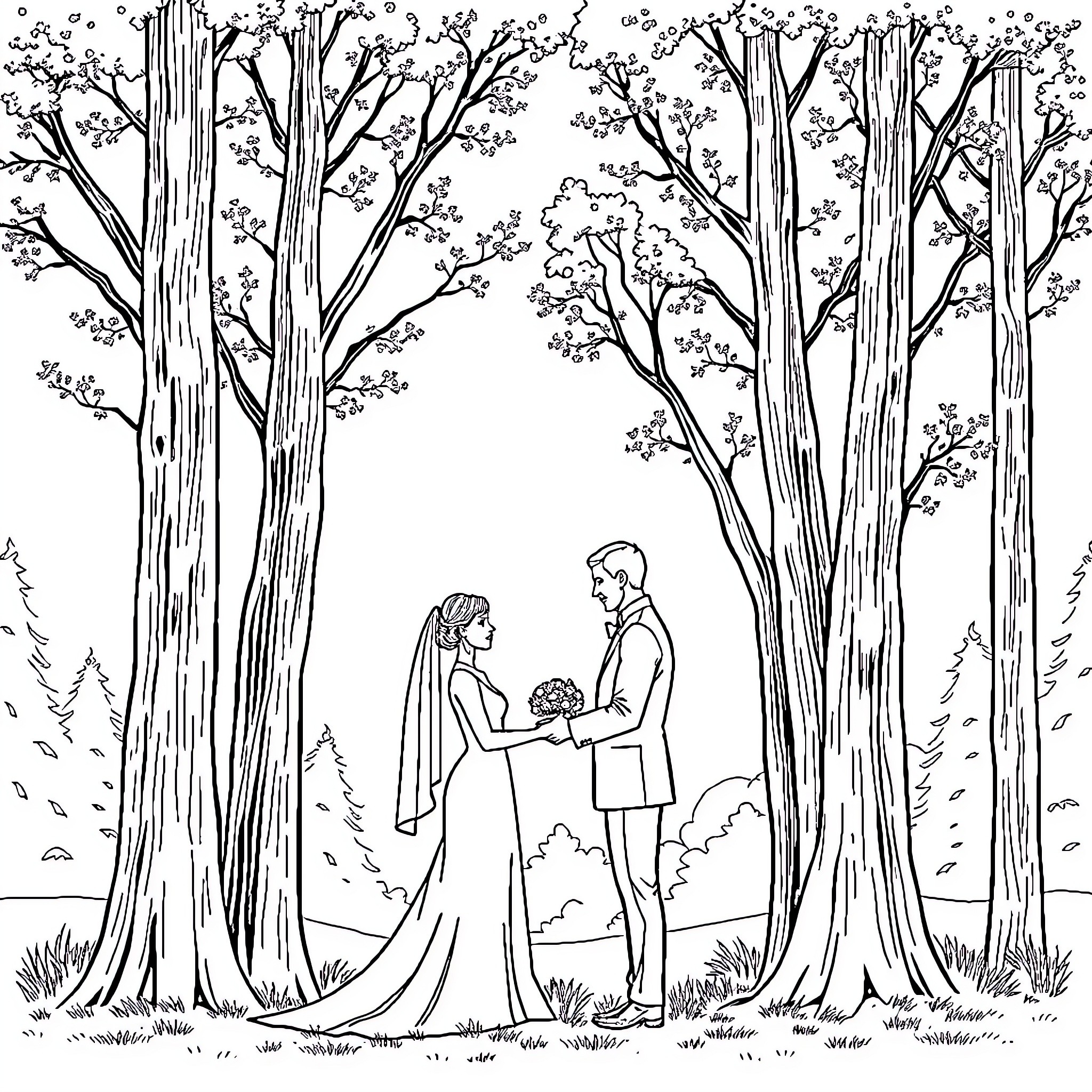 Wedding in the Enchanted Forest Coloring Page (free black-and-white line drawing printable PDF for all, from beginners to advanced learners, including children, teens, adults, and seniors)