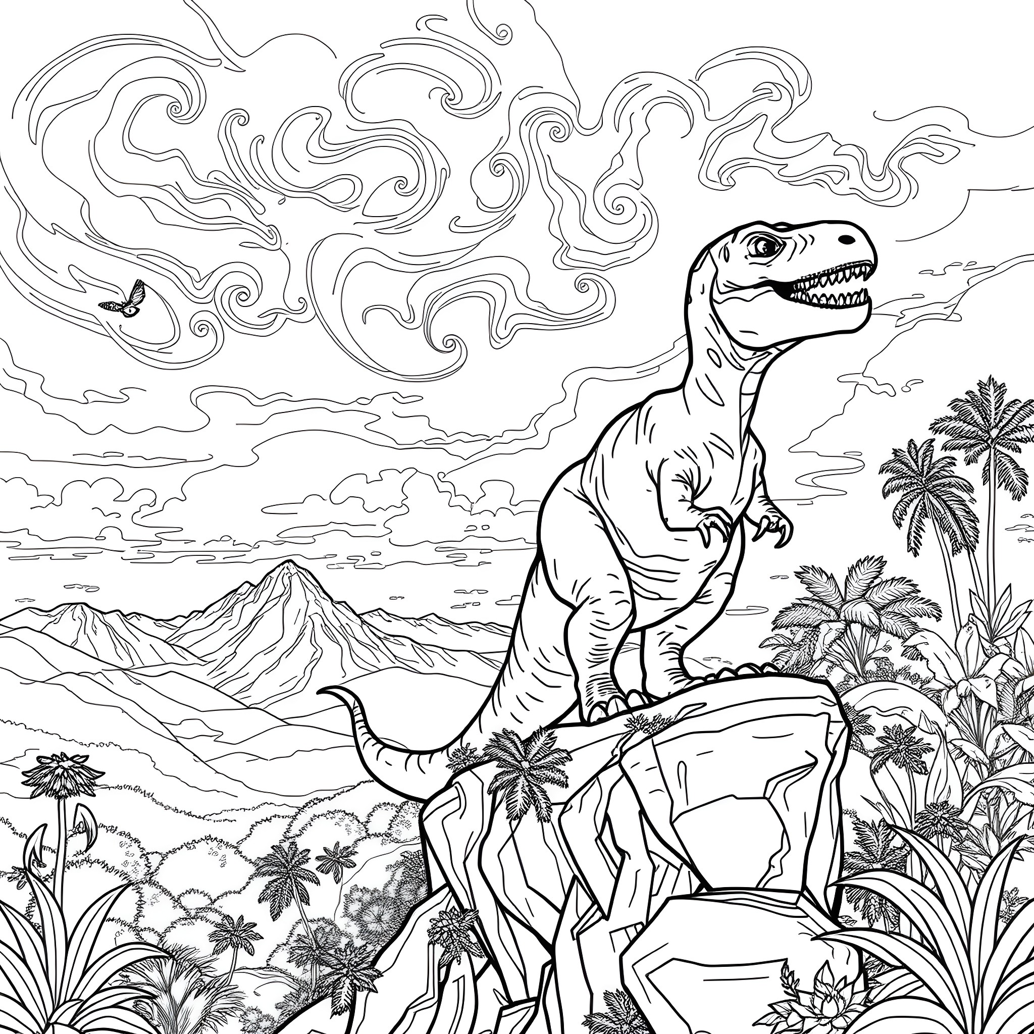 Dinosaur roaming in prehistoric landscape Coloring Page (free black-and-white line drawing printable PDF for all, from beginners to advanced learners, including children, teens, adults, and seniors)