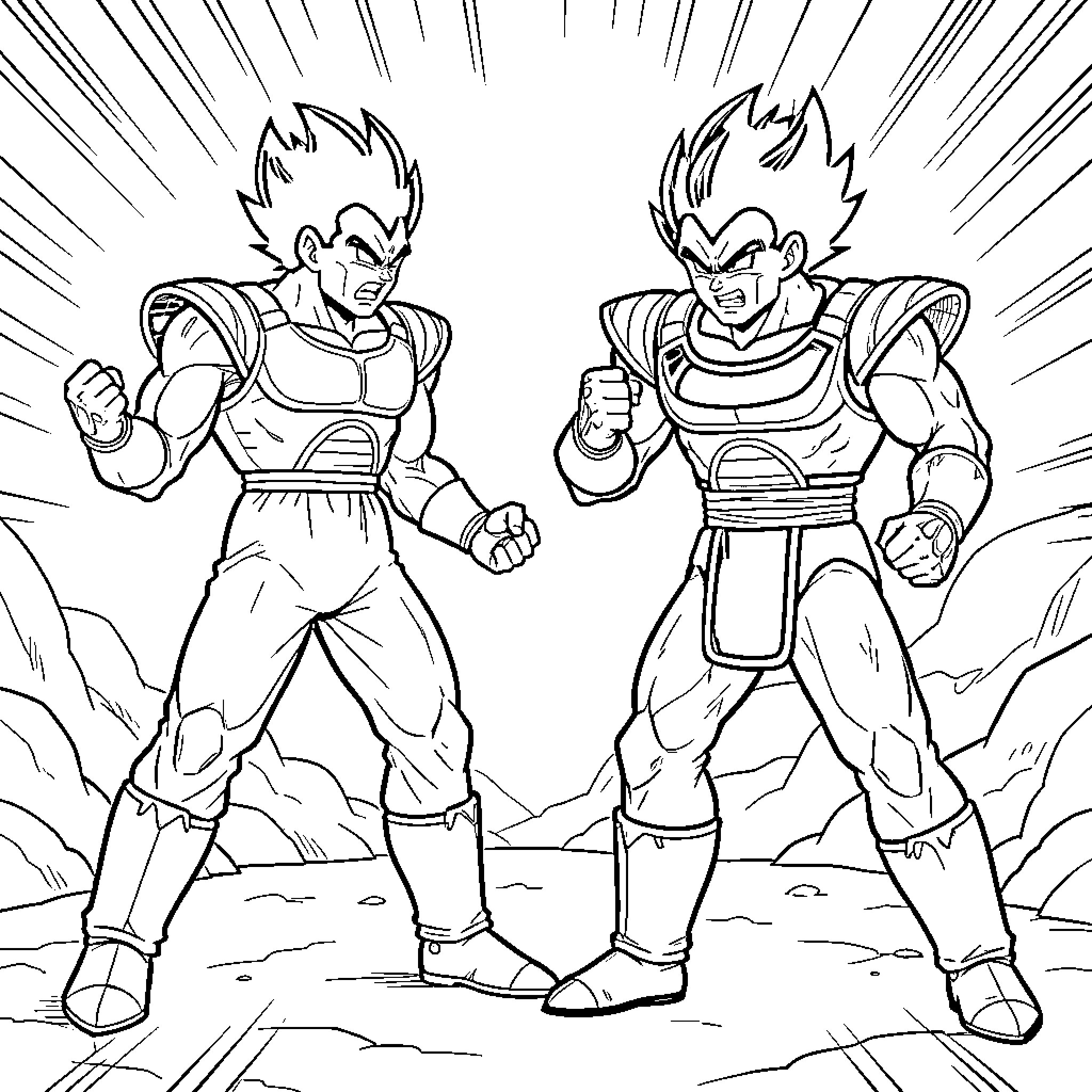 Sangoku characters posing in battle armor Coloring Page (free black-and-white line drawing printable PDF for all, from beginners to advanced learners, including children, teens, adults, and seniors)