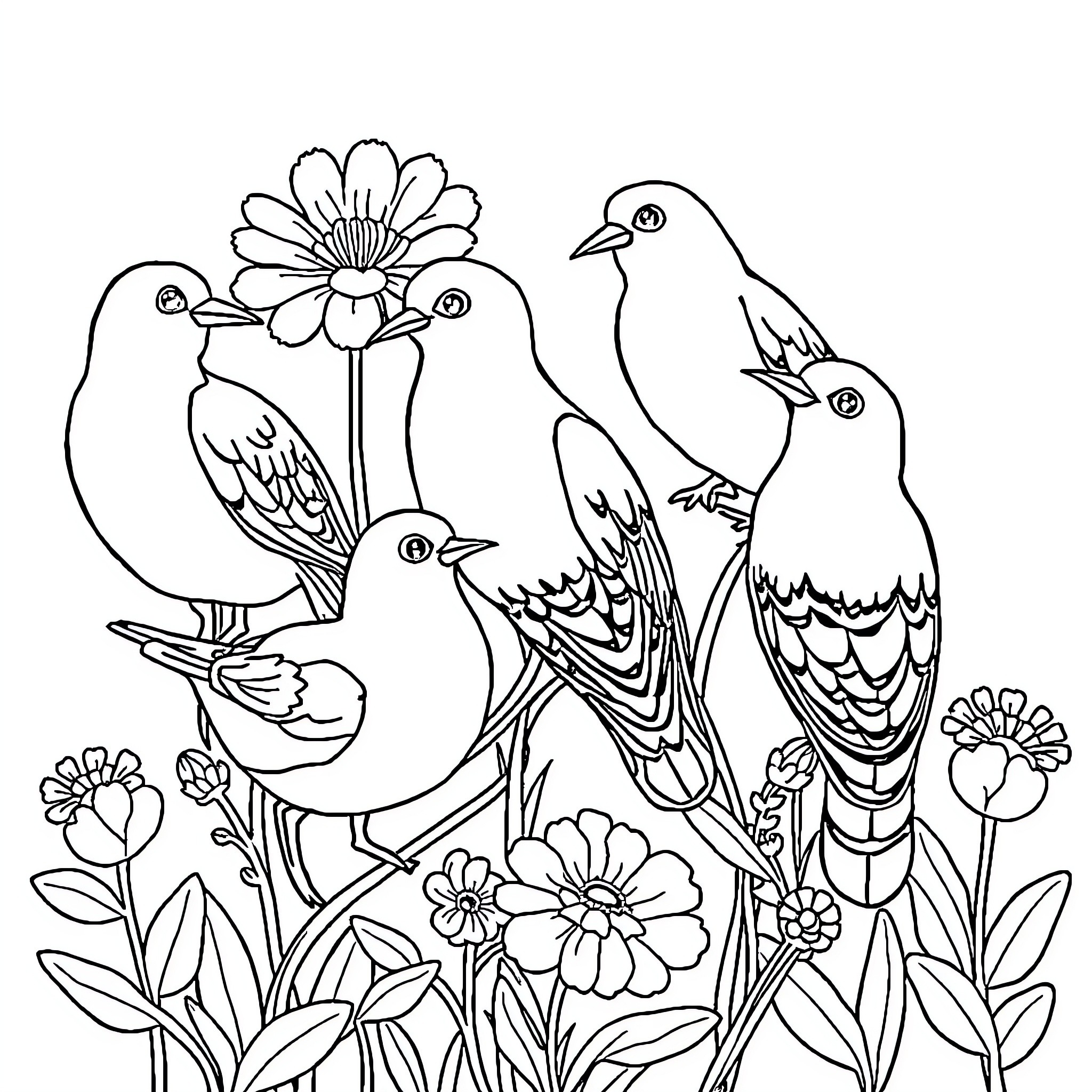 Sheep surrounded by blooming flowers and birds Coloring Page (free black-and-white line drawing printable PDF for all, from beginners to advanced learners, including children, teens, adults, and seniors)