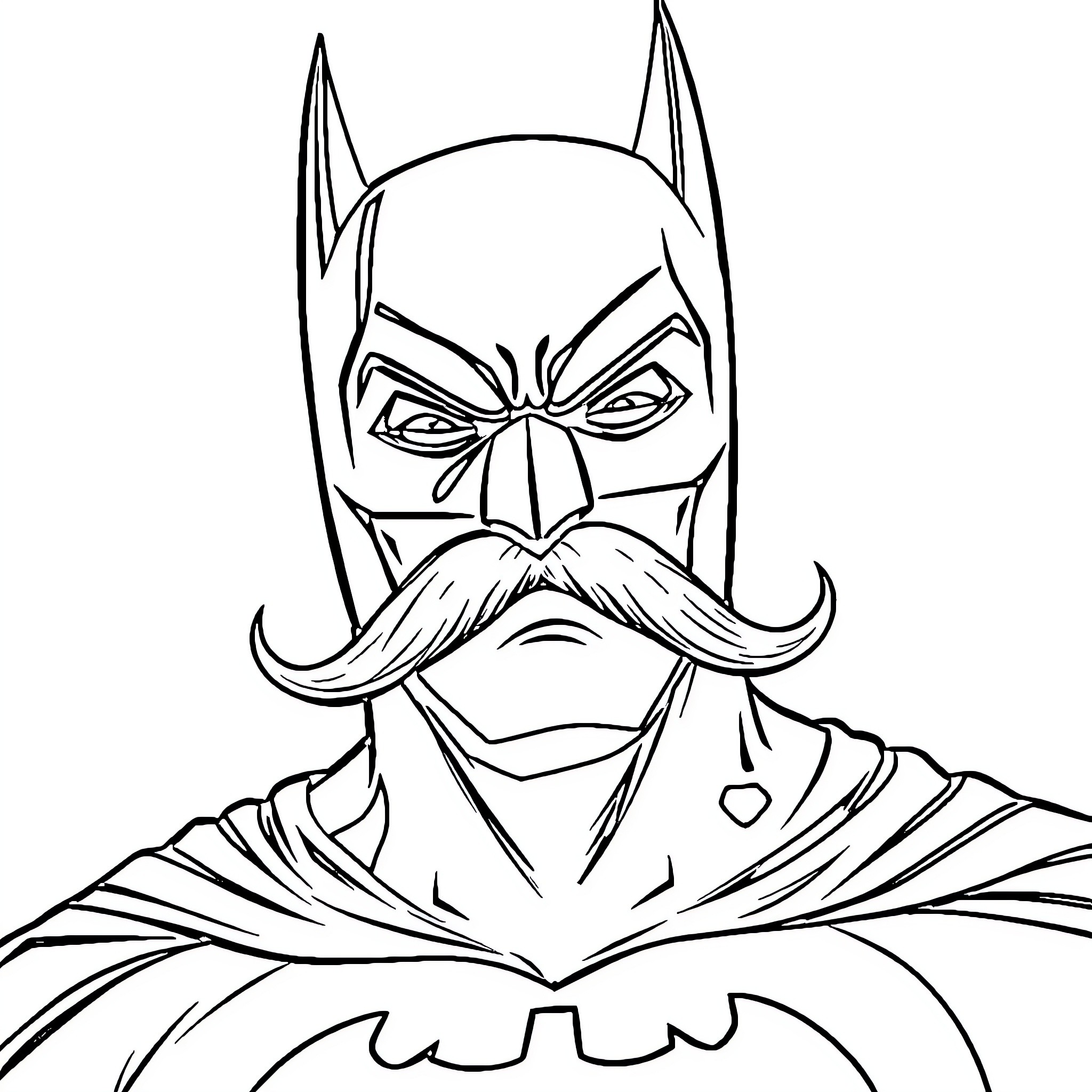 Batman with stern expression and mustache Coloring Page (free black-and-white line drawing printable PDF for all, from beginners to advanced learners, including children, teens, adults, and seniors)