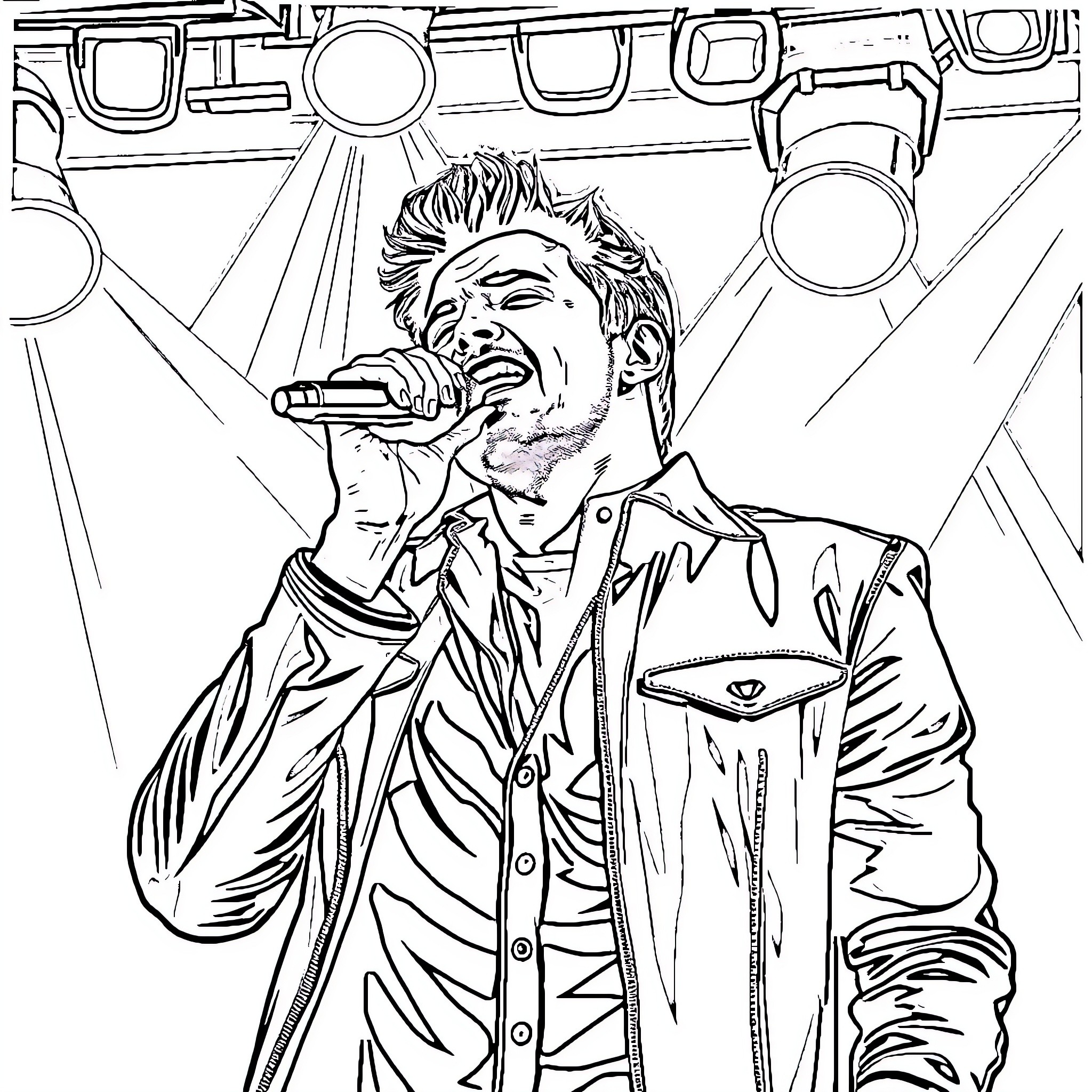 Chayanne performing on stage with microphone Coloring Page (free black-and-white line drawing printable PDF for all, from beginners to advanced learners, including children, teens, adults, and seniors)