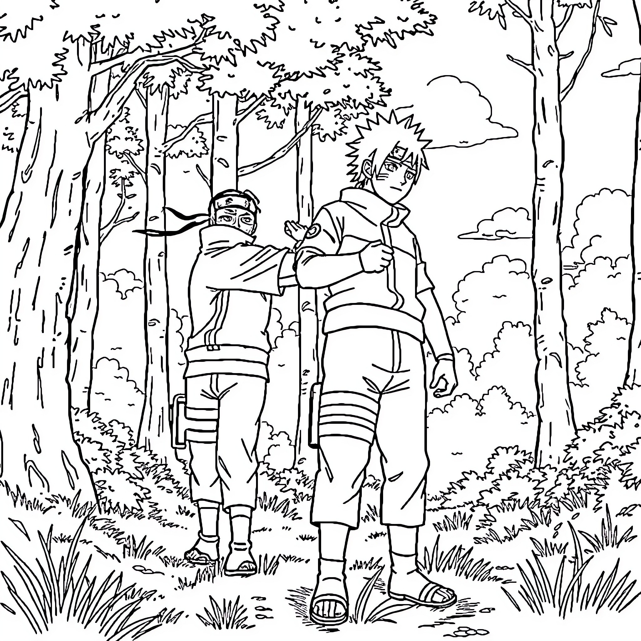 Naruto characters in the forest Coloring Page (free black-and-white line drawing printable PDF for all, from beginners to advanced learners, including children, teens, adults, and seniors)